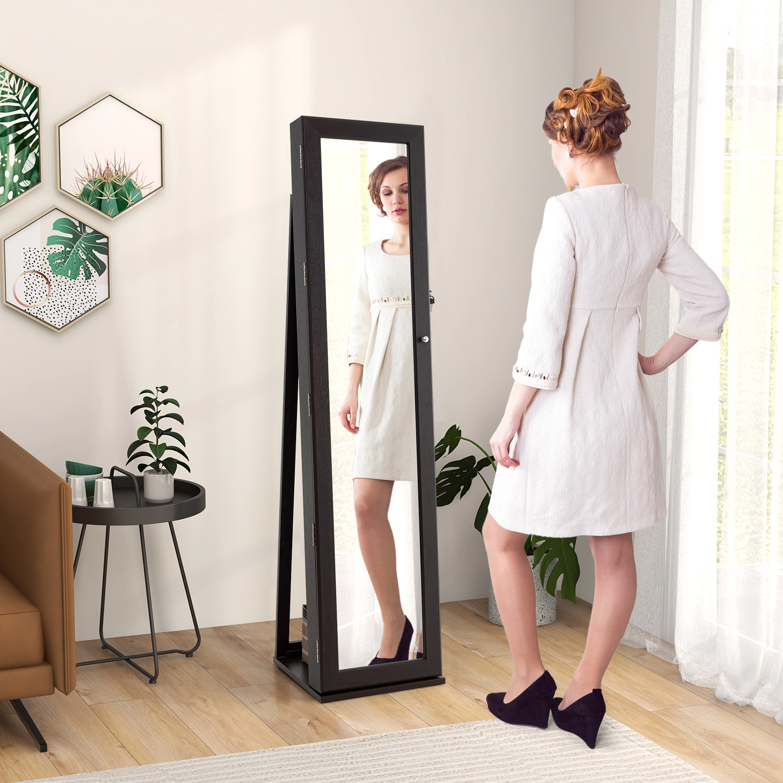 SUGIFT Standing Lockable Jewelry Storage Organizer with Full-Length Mirror 62-in Tall 14.5 x 15 in Base Coffee Brown