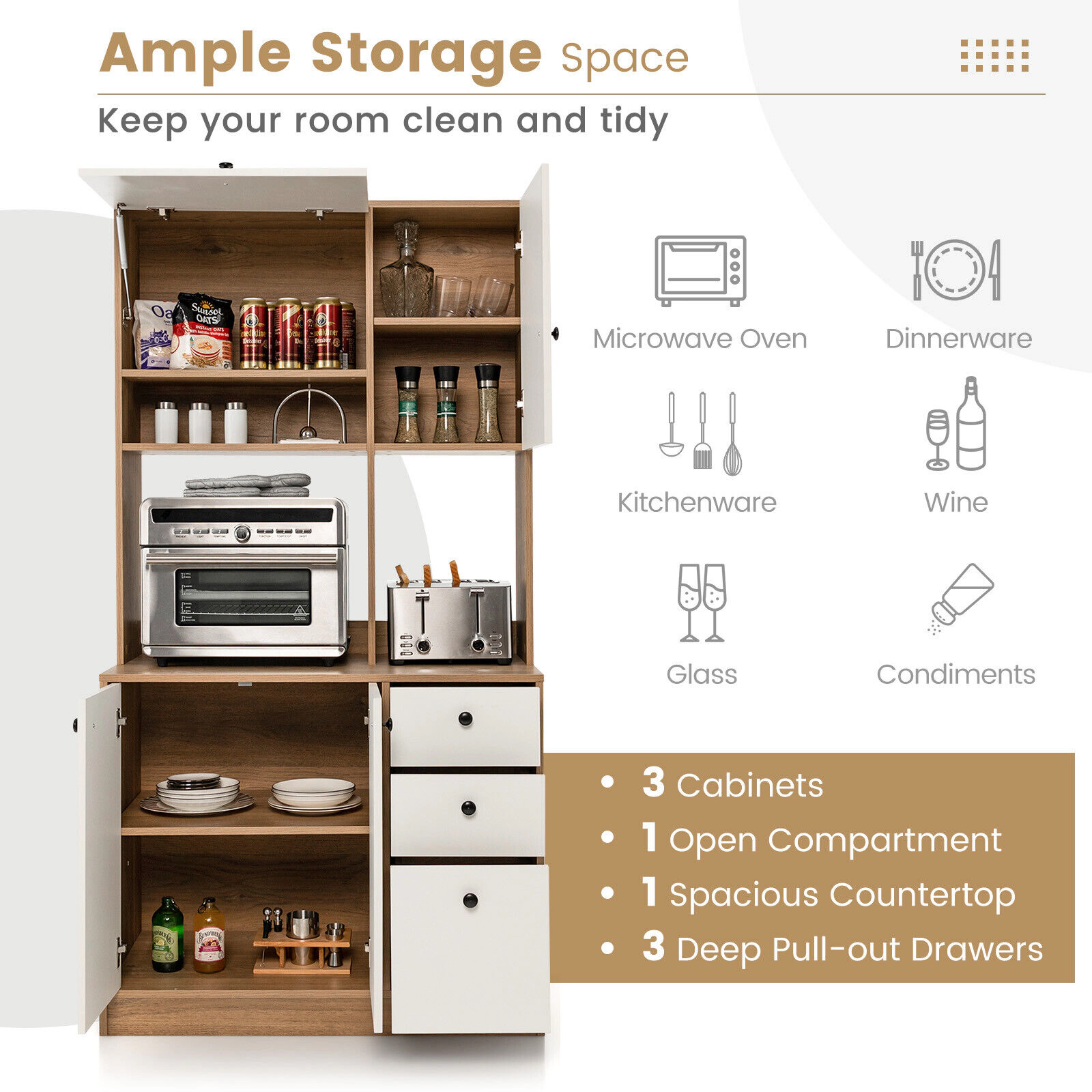 SUGIFT 71-in Tall 110-lb Countertop White Pantry Cabinet with 3 Storage Cabinets and 3 Deep Drawers