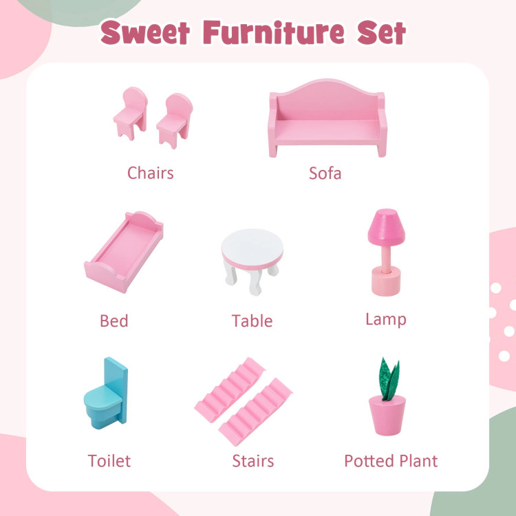 Hivvago Kids Wooden Dollhouse Playset with 5 Simulated Rooms and 10 Pieces of Furniture