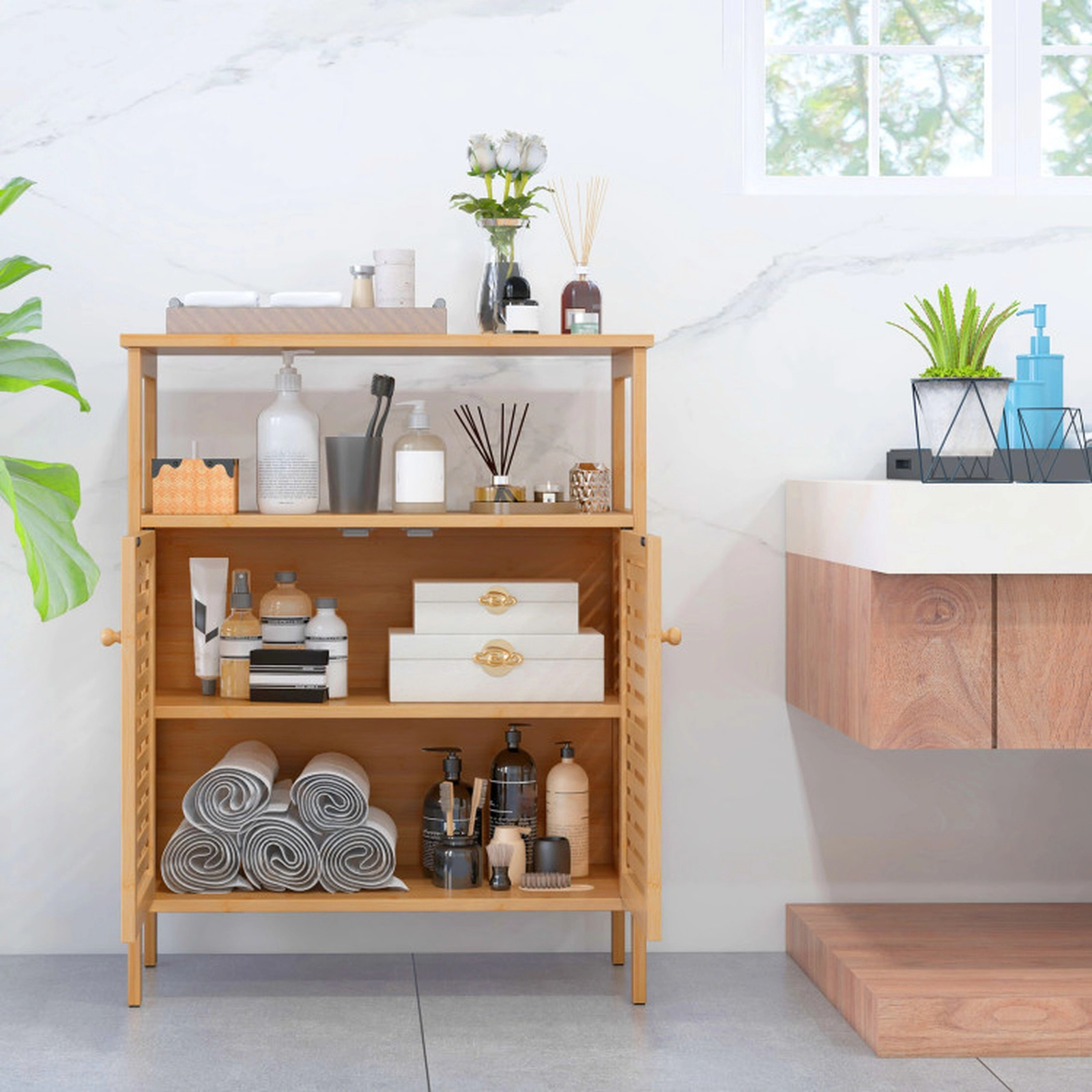 SUGIFT Bamboo Bathroom Floor Storage Cabinet with Shutter Doors 145-lb Capacity Natural