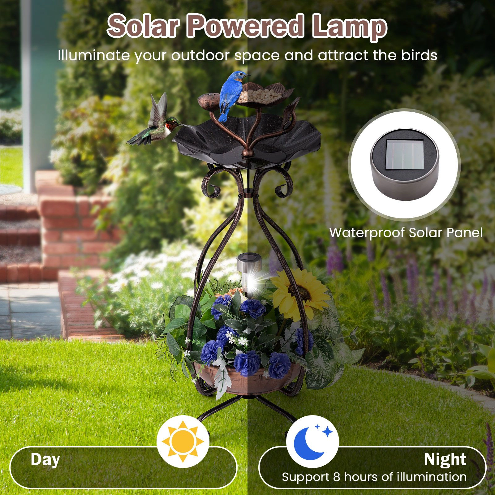 SlickBlue Standing Metal Birdbath with Solar Lights and Lotus Leaf Bowl