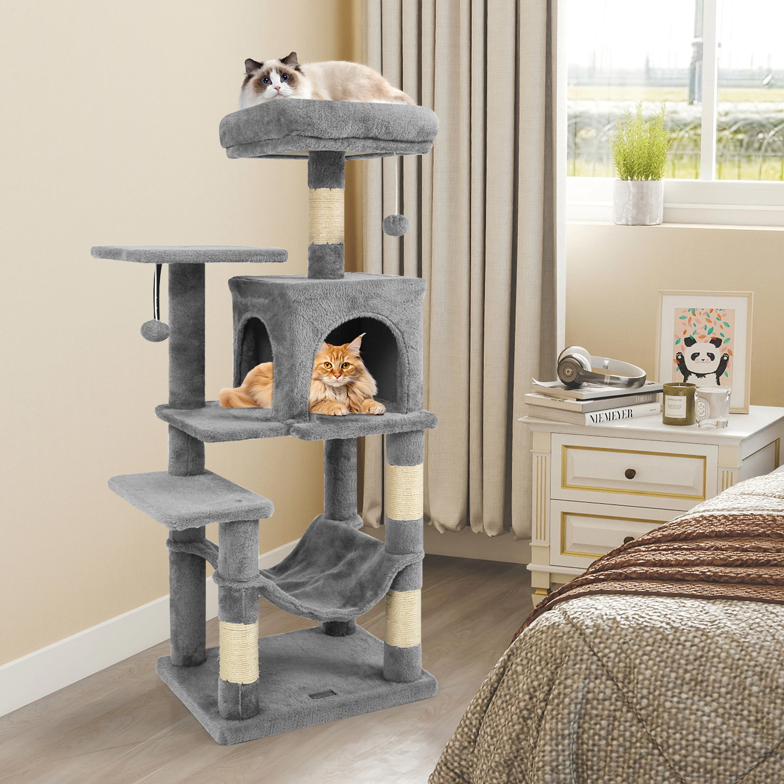 SUGIFT Multi-Level Cat Tower with 2-Door Condo and Padded Top Perch with Hammock and Scratching Posts Light Gray