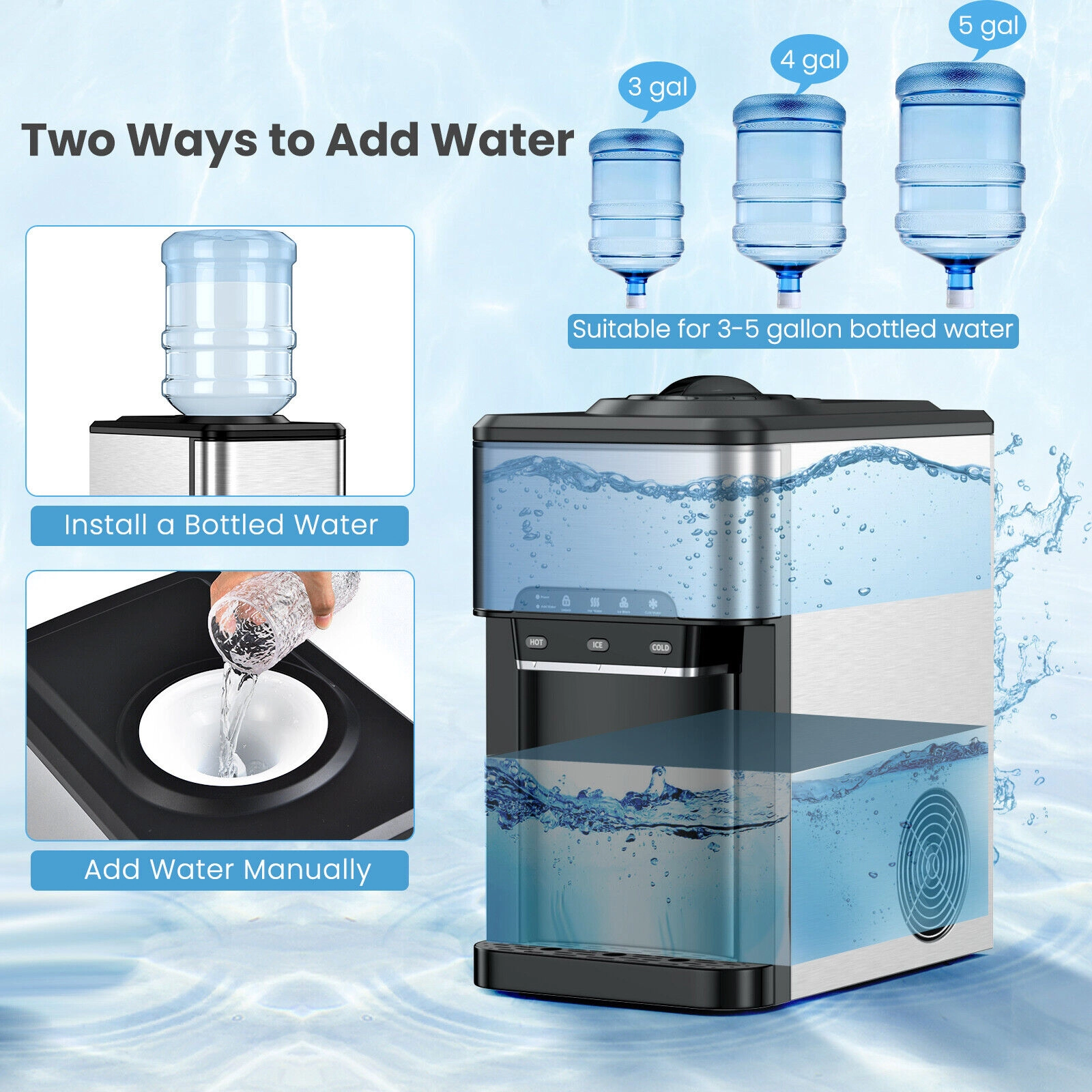 SUGIFT Silver 3-in-1 Hot and Cold Water Cooler Dispenser with Built-In Ice Maker and Child Lock