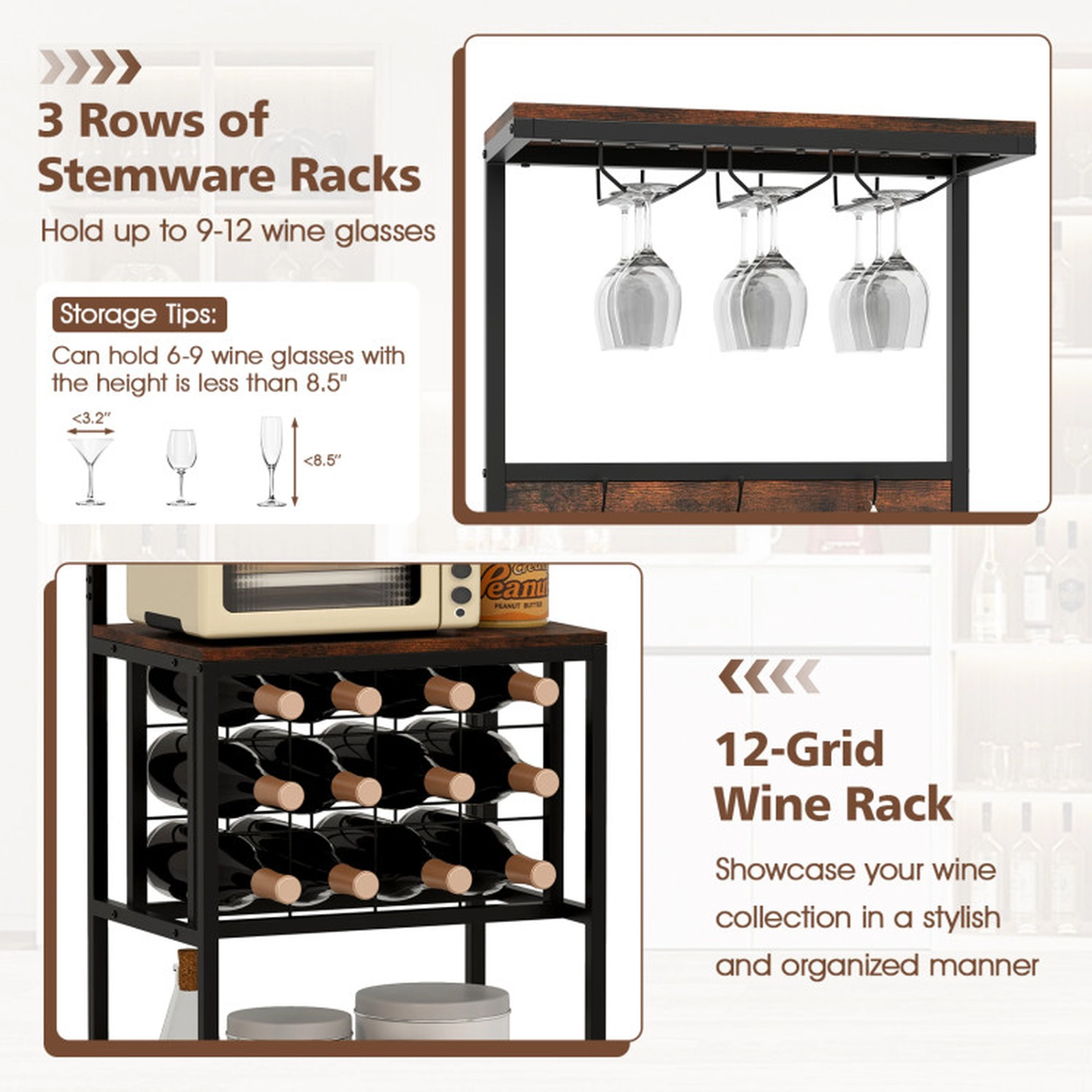 SUGIFT Freestanding Wine Bar Cabinet Rustic Brown with 12 Bottle Rack and Glass Racks