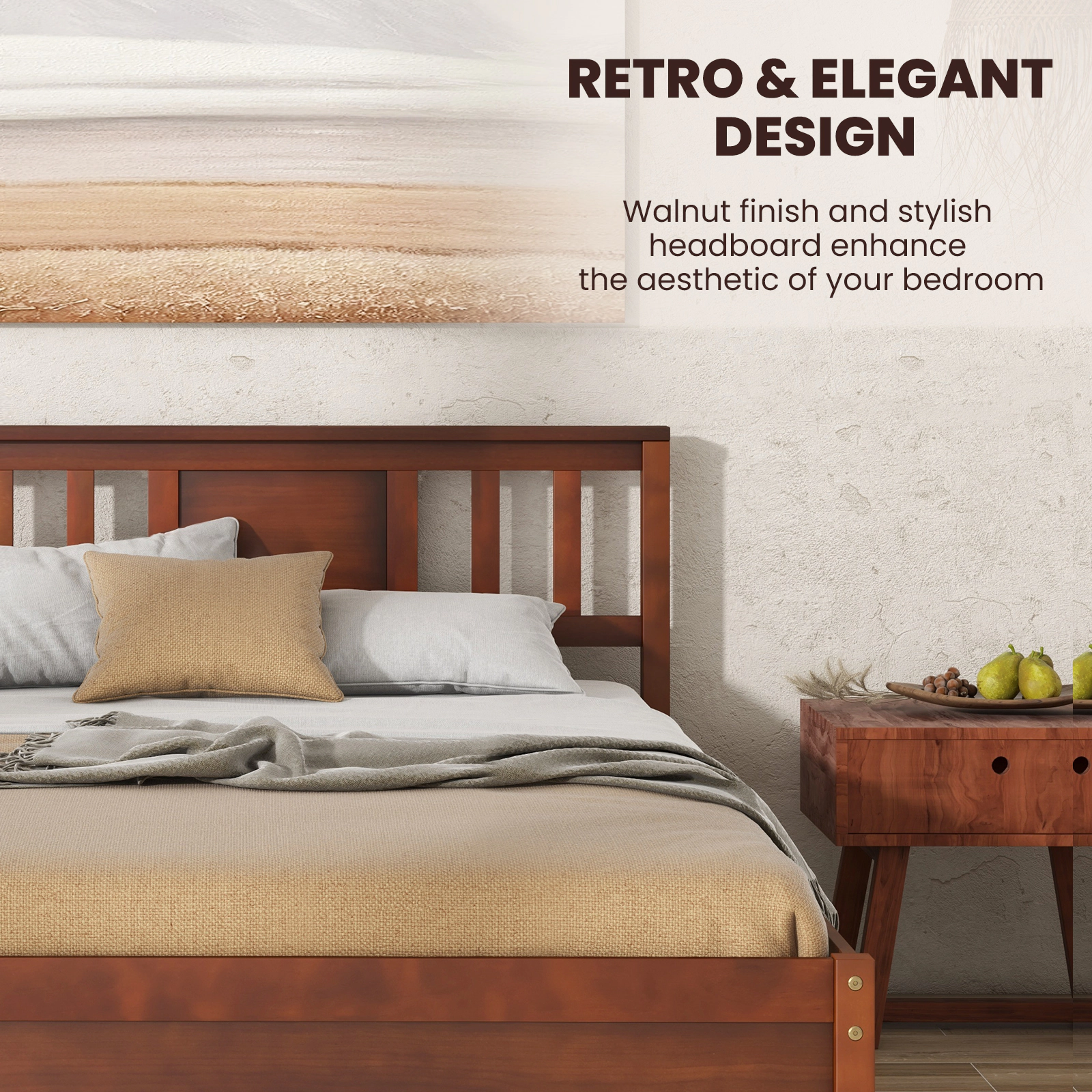 SUGIFT Wooden Twin Platform Bed Frame with Headboard and Slat Support 440-lb Capacity 79.5-in Frame Walnut Finish
