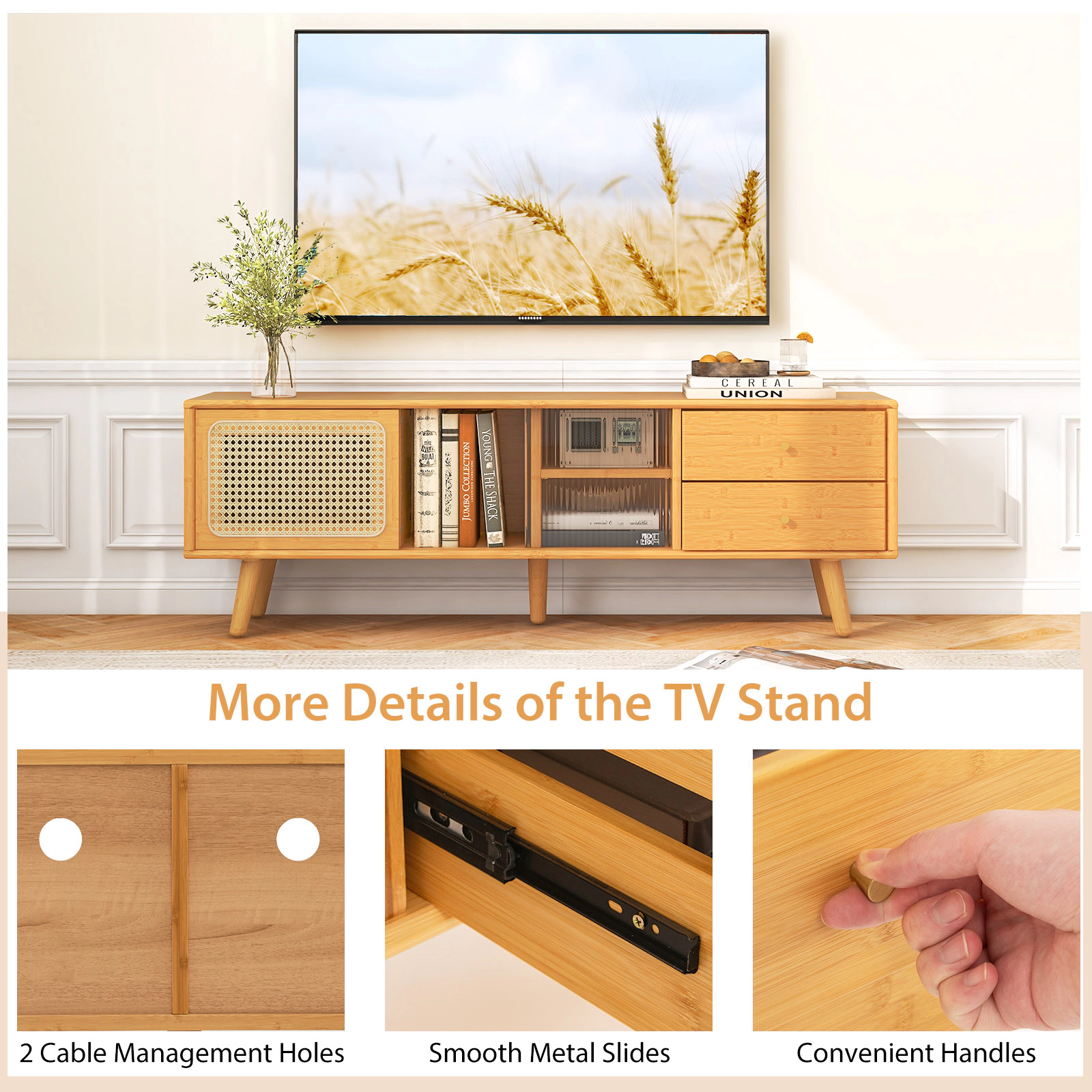 SUGIFT Bamboo TV Stand for TV up to 65 Inch with Storage Compartments and Drawers 155-lb Top Capacity Natural Brown