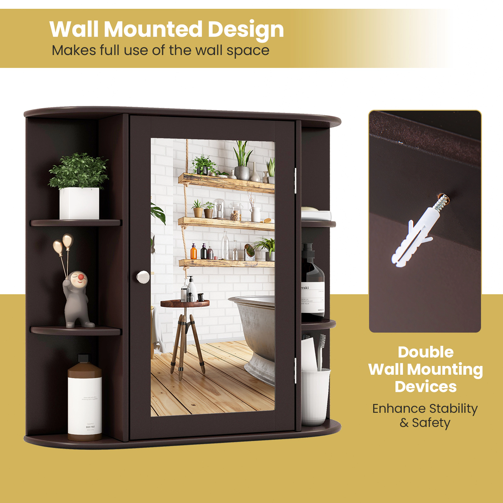 SUGIFT Wall-Mounted Bathroom Mirror Cabinet with Storage Shelves 44-lb Top Capacity 11-lb Shelves MDF 26-in Wide Brown