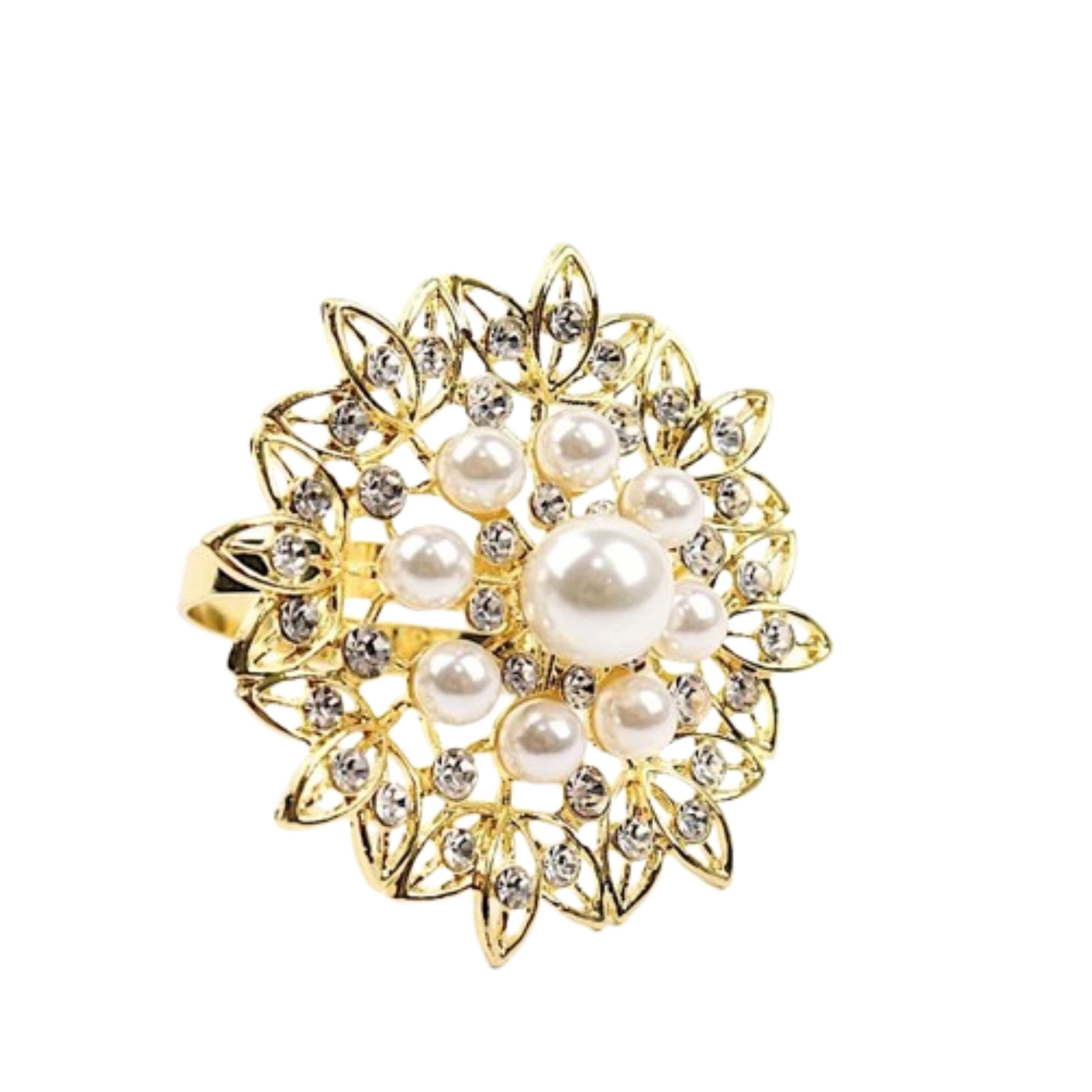 Home Collection Set of 4 Metal Flower Napkin Rings with Faux Pearls and Rhinestones