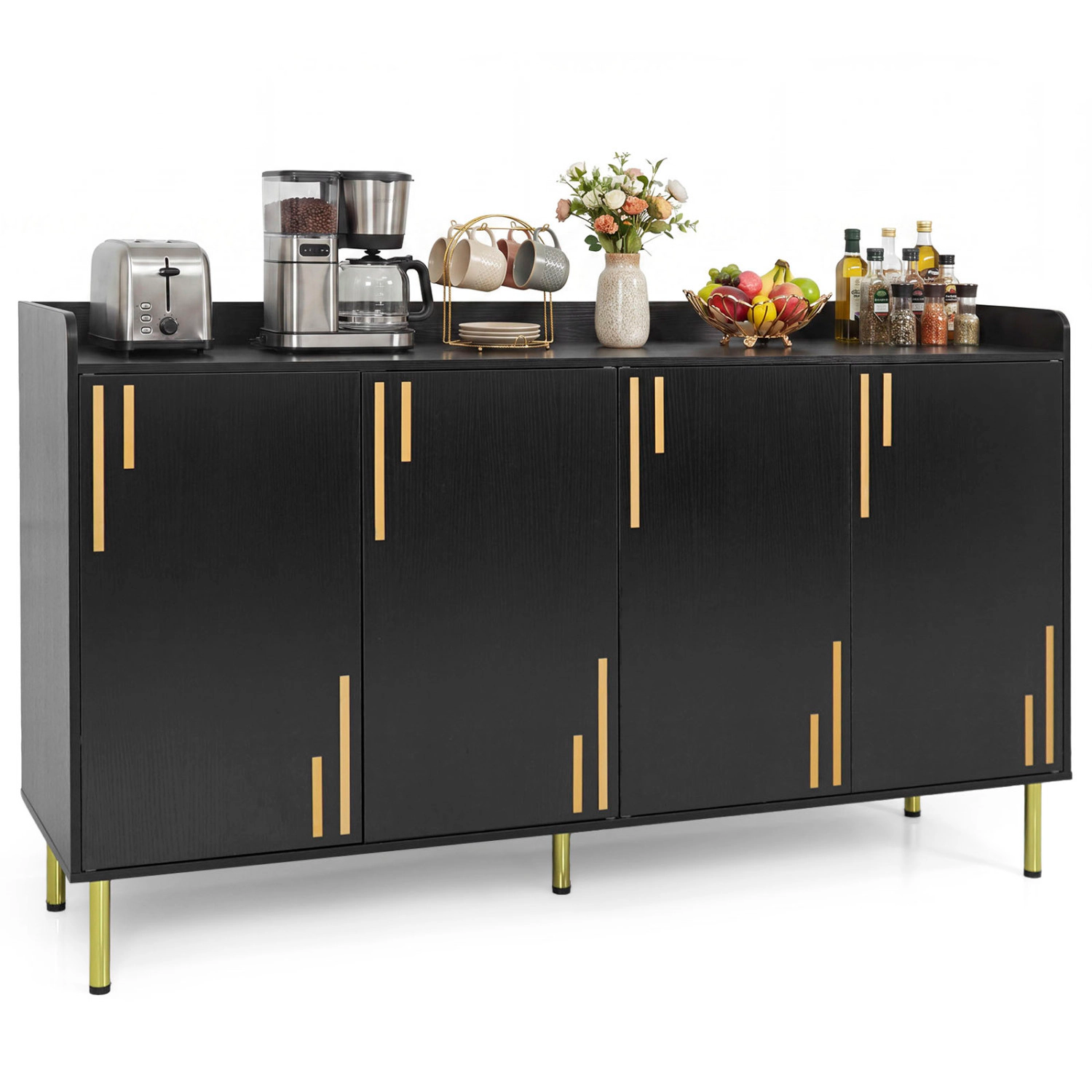 Glintex 55-Inch Credenza with 4 Vertical-Stripe Doors and 5 Metal Legs, Black