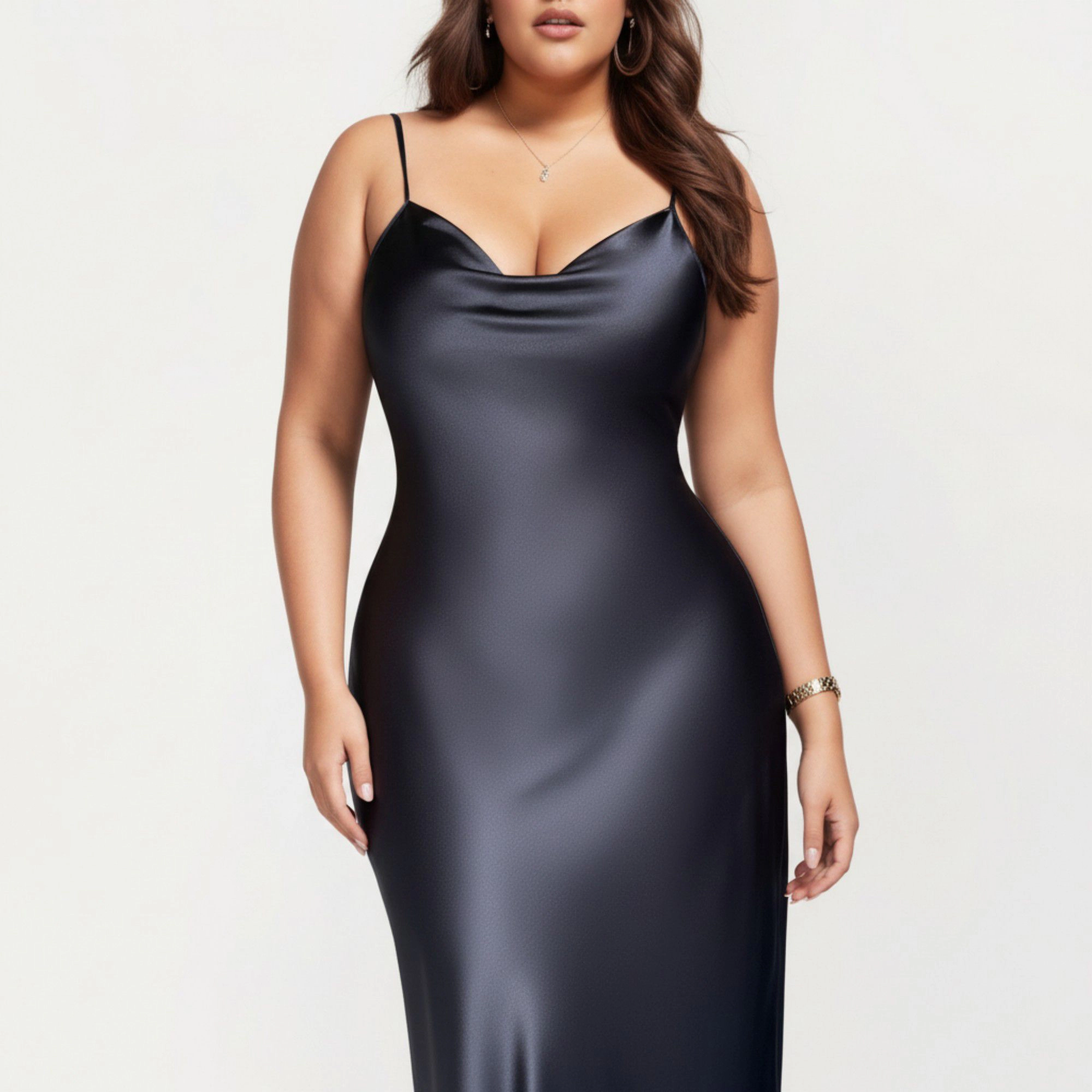 Anna-Kaci Women's Satin Slip Midi Dress with Draped Neckline Adjustable Straps and Soft Body-Skimming Flowing Silhouette