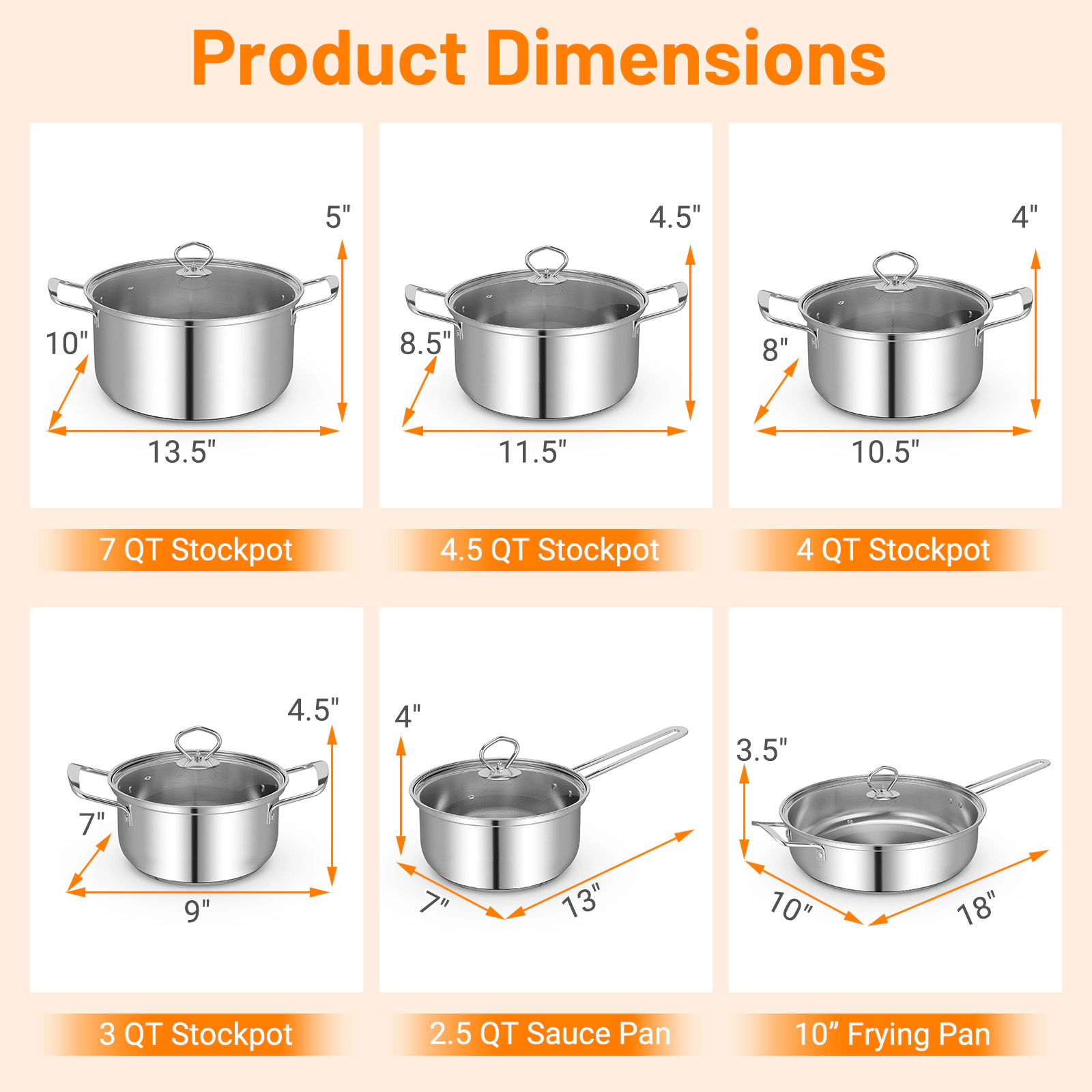 SUGIFT 12 Piece Stainless Steel Pots and Pans Set with Tempered Glass Lids