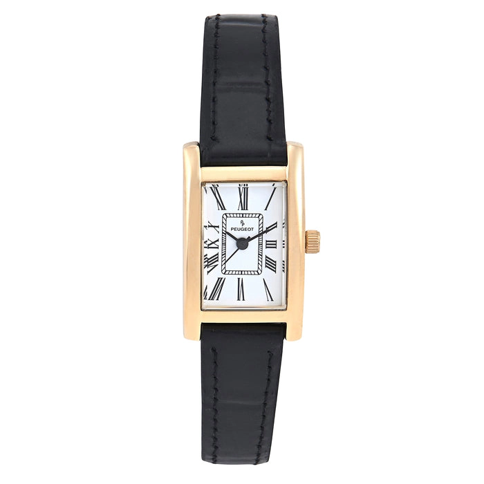 Peugeot Women's 34x20mm White Roman Dial Tank Dress Watch with Black Leather Strap