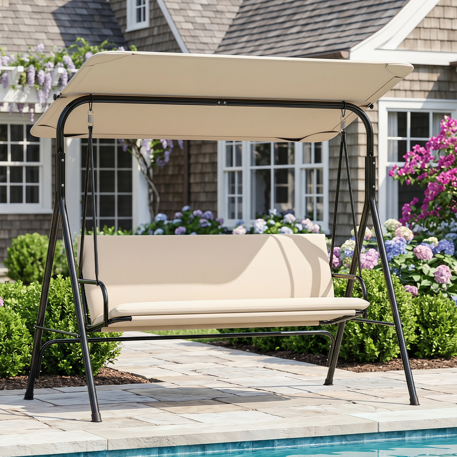 LJG 3-Seat Patio Swing Chair with Adjustable Canopy & Removable Cushion