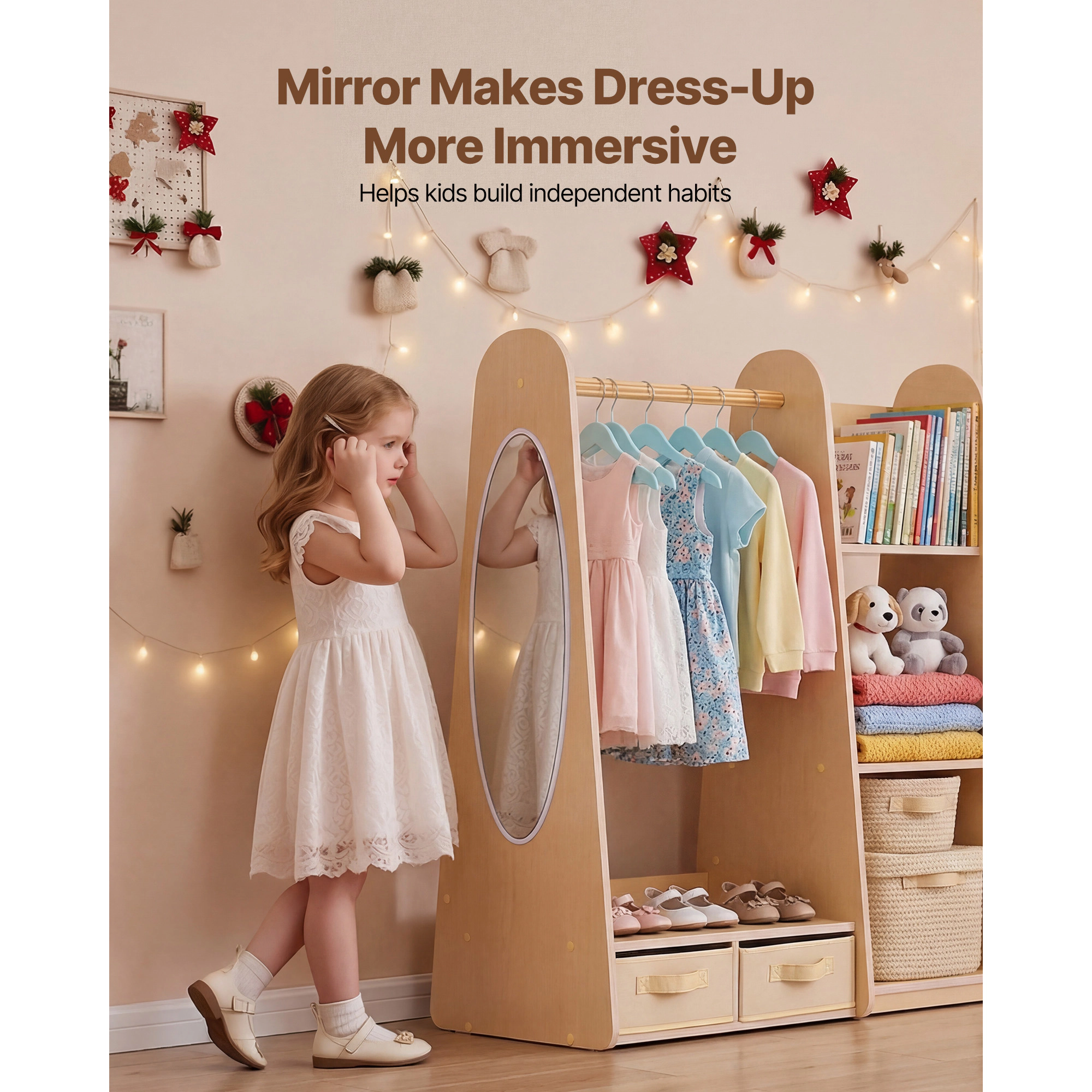 HONGGE Kids Dress Up Storage with Mirror Toddler Wardrobe Closet for Girls Armoire Costume Organizer Bedroom