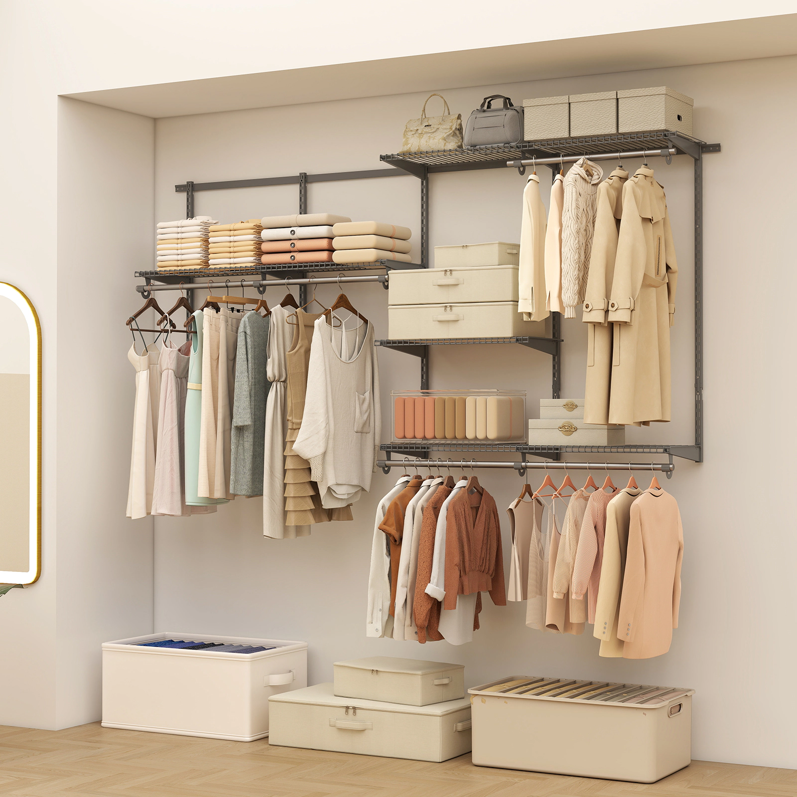 SUGIFT 4-8-ft Wall-Mounted 7 Shelves 5 Hanging Rods Metal Closet Organizer System 48-in x 13-in 45-lb Capacity Gray