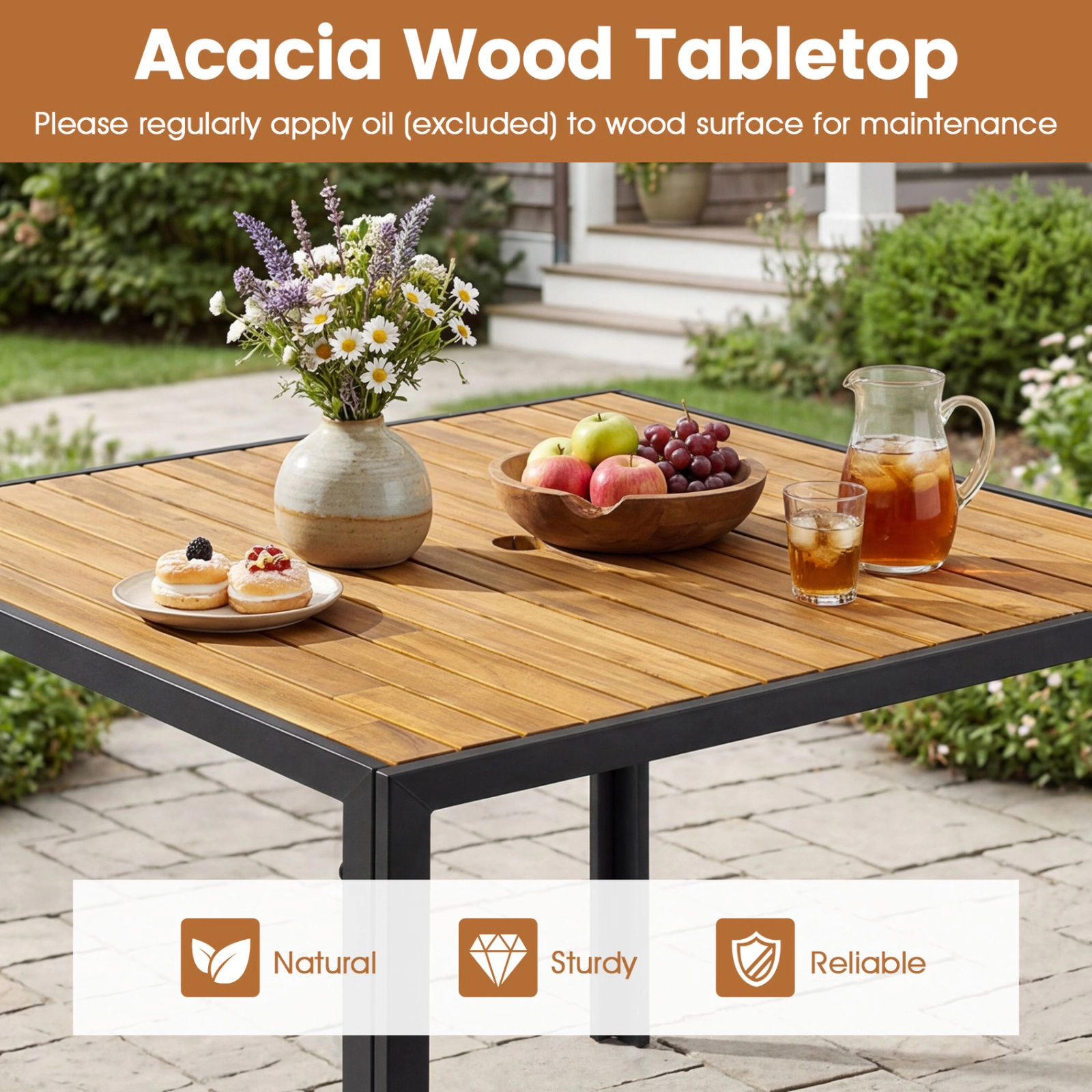 SUGIFT 36-in Square Acacia Wood Outdoor Dining Table for 4 with Slatted Top 165-lb Capacity Natural + Black 2-Piece Set