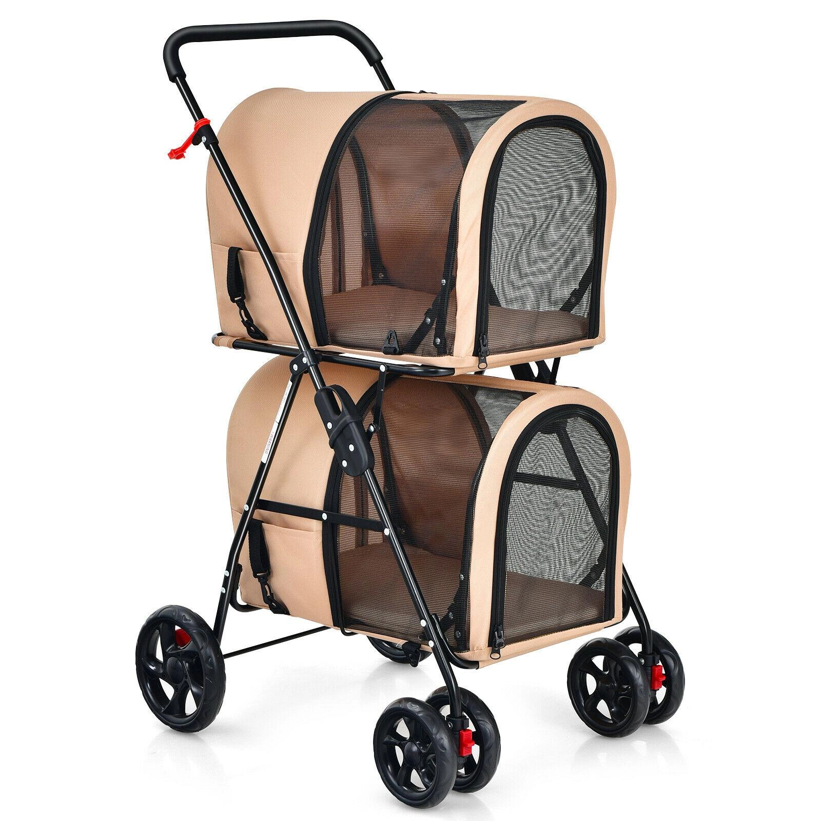 SUGIFT 20 x 41.5-in 17-lb Per Carrier Capacity Beige 4-in-1 Double Pet Stroller with 2 Detachable Carriers