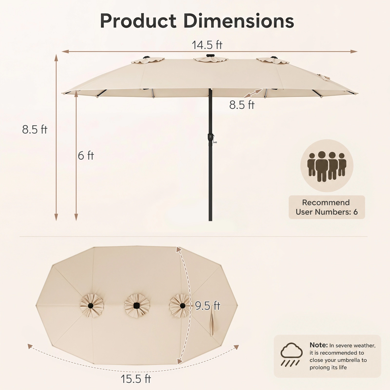 SUGIFT 15.5-ft Extra-Large Patio Umbrella with Solar LED Lights 12 Reinforced Metal Ribs Beige