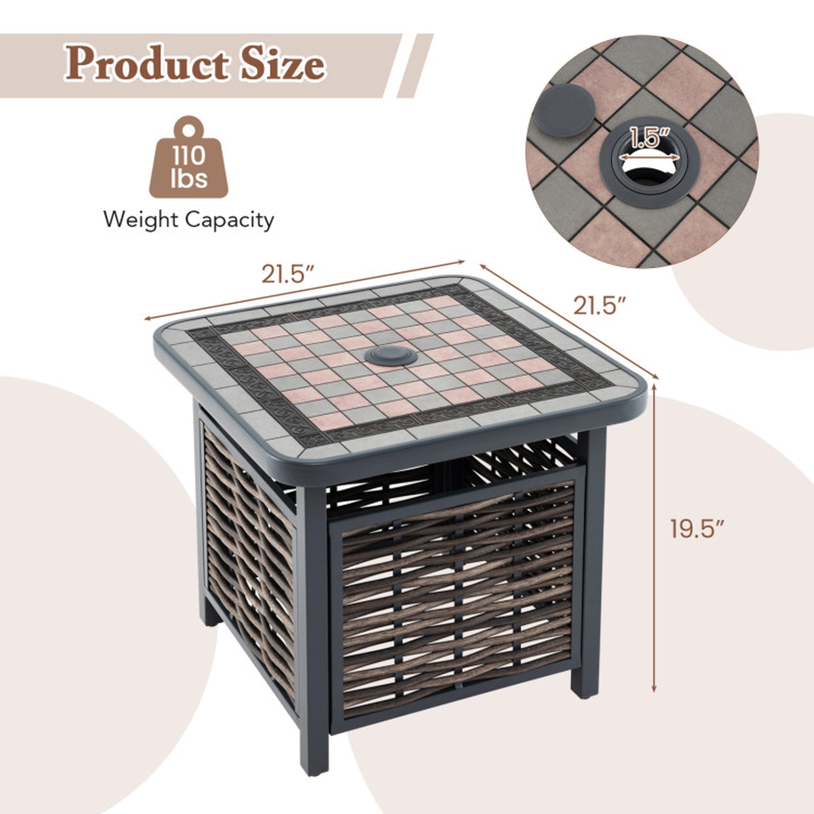 SUGIFT 21.5-in Square PE Rattan Resin Side Table End Table with 1.5-in Umbrella Hole 110-lb Capacity Black & Brown