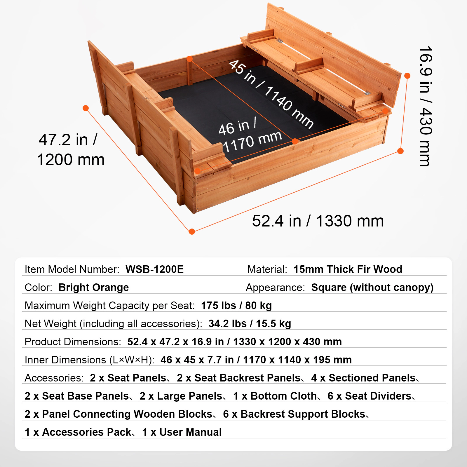 HONGGE Sandbox with Sand Pit and Bottom Liner for Outdoor Backyard Beach Park, Gift for Ages 3-12