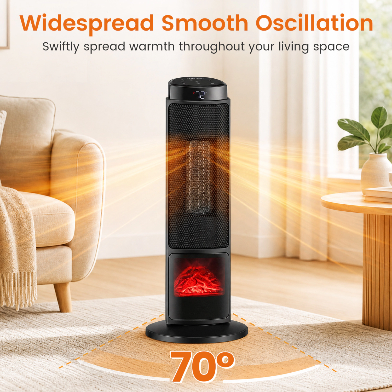 LJG 24 Inch 1500W PTC Ceramic Tower Space Heater with 7-Color Flame
