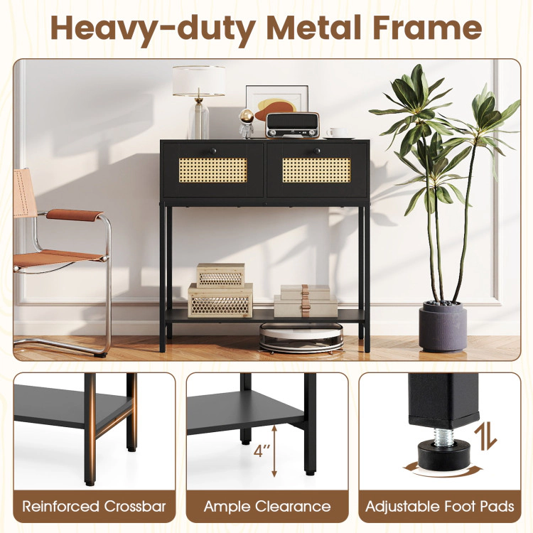 Hivvago Rattan Console Table Boho Entryway With 2 Drawers And Open Storage Shelf