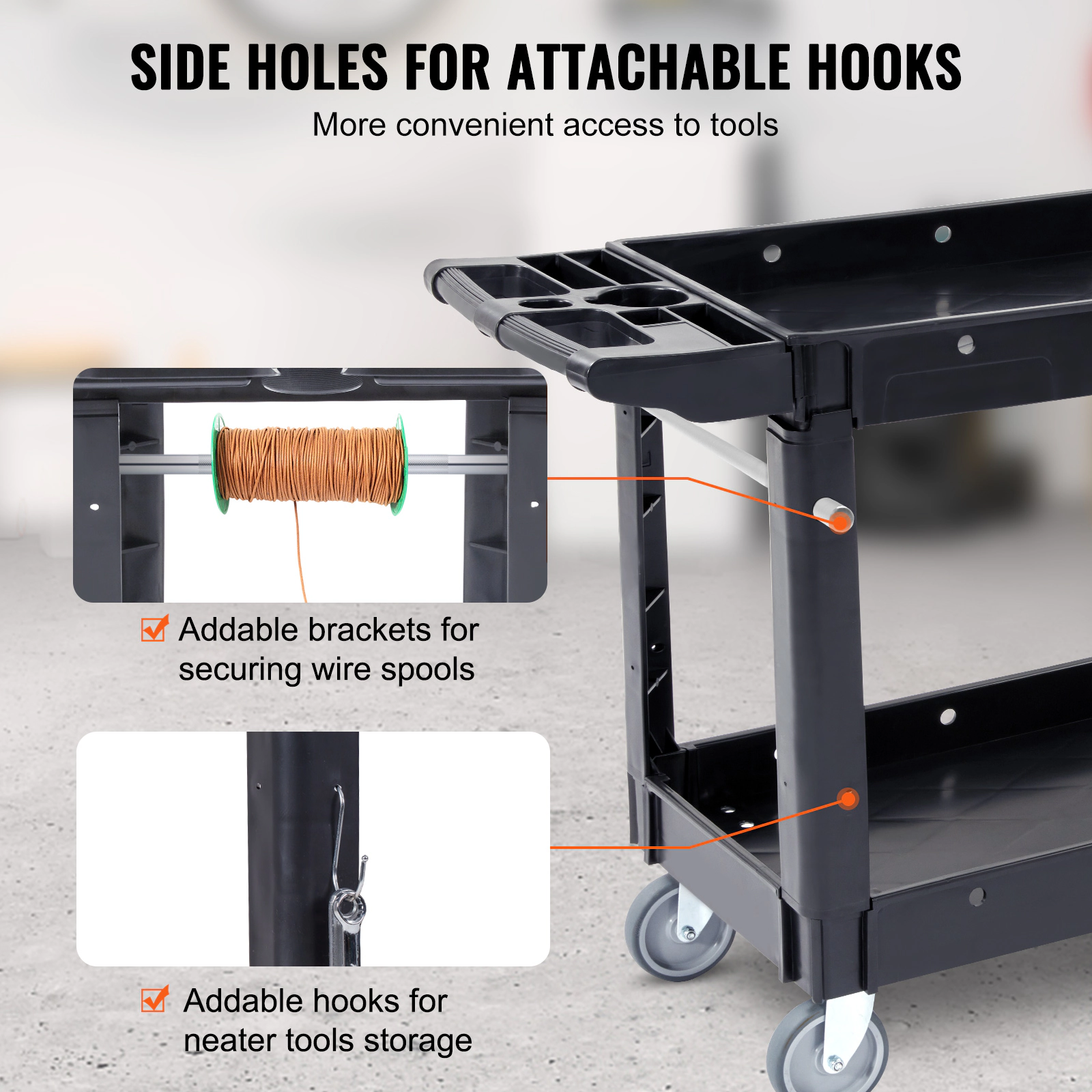 HONGGE Utility Cart Service Cart Heavy Duty Plastic Utility Cart with 360° Swivel Wheels with for