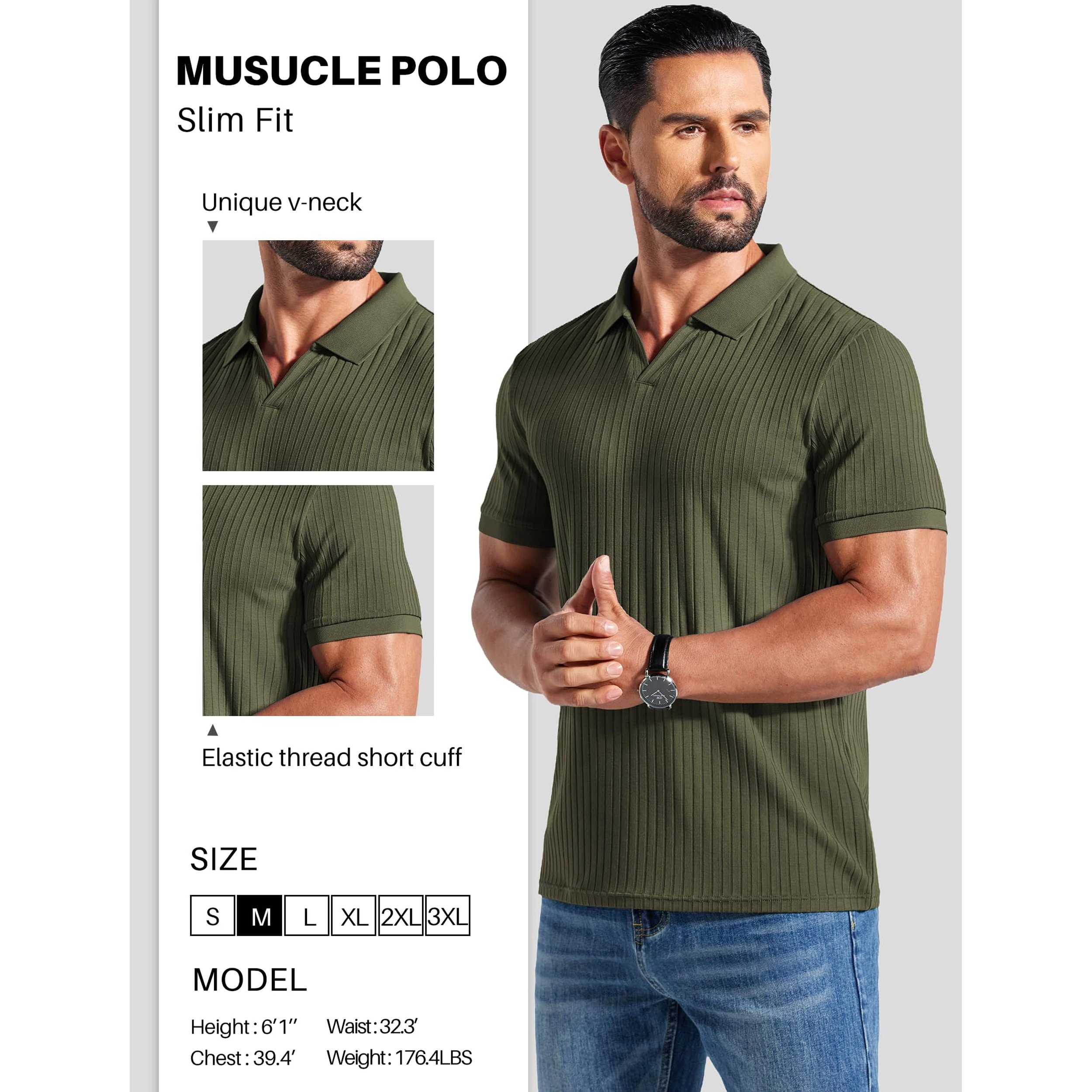 COOFANDY Mens Ribbed Polo Shirt V Neck Collared Short Sleeve Casual  Tops