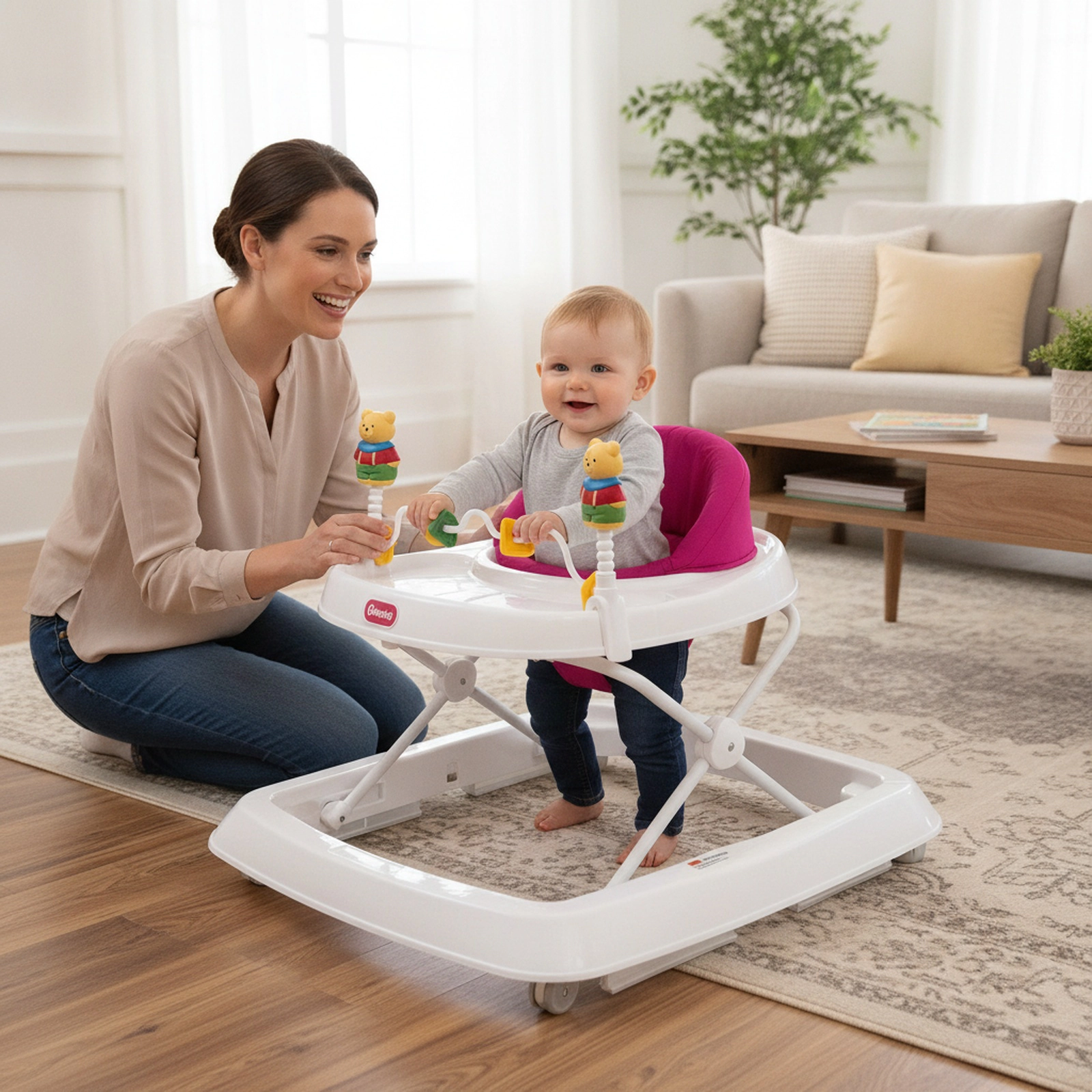 Portable Folding Baby Walker for Girls with Wheels 3 Adjustable Heights Removable Toys Pink