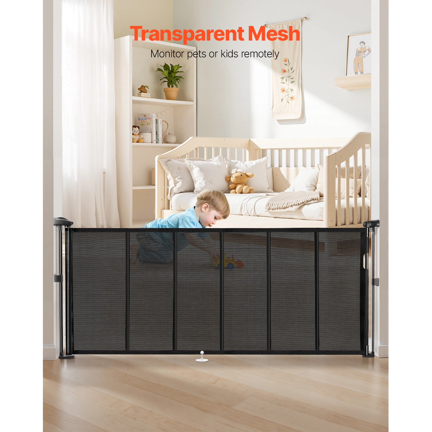 HONGGE Retractable Mesh Pet Gate, 34" Tall, Extends to 71" Wide, Black Safety Barrier for Doorways & Stairs