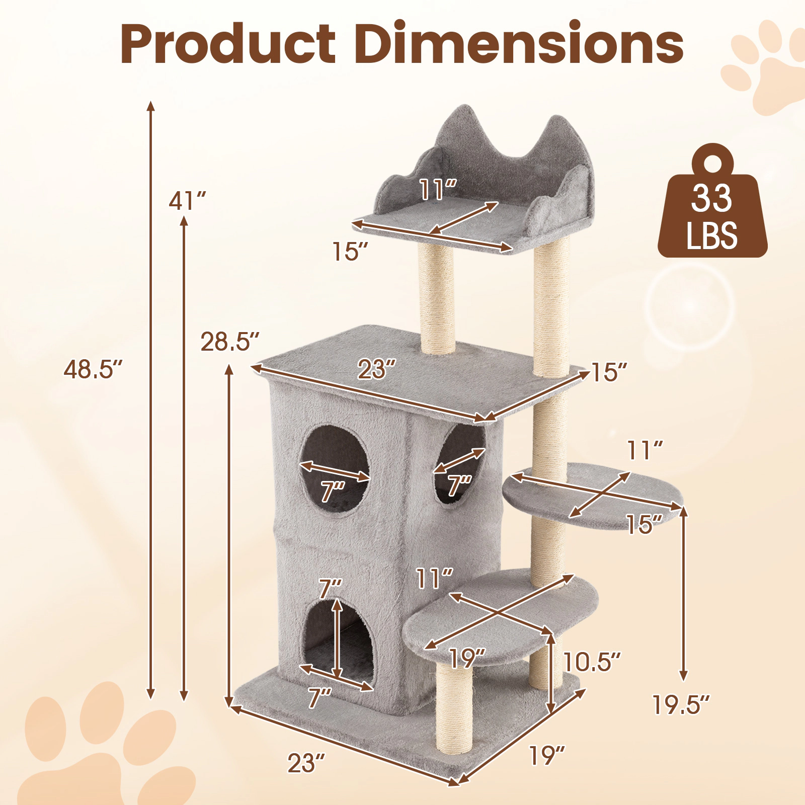 SUGIFT 48.5-in Gray Multi-Level Cat Tree for Large Cats with 2-Story Condo 3 Caves and Sisal Posts