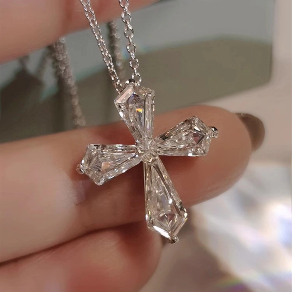 Wardrobe Whimsy Emerald Cut Cubic Zirconia Cross Pendant Necklace Dainty Religious Jewelry