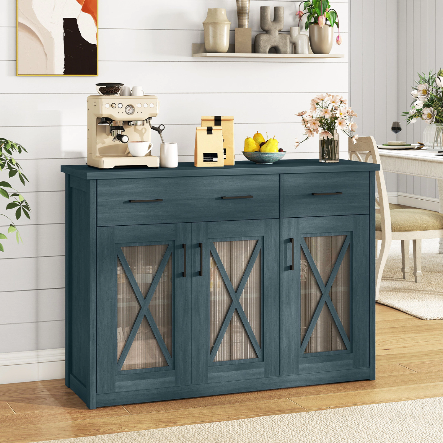 SUGIFT Farmhouse Buffet Sideboard 3-Door Kitchen Storage Cabinet with 2 Drawers 232-lb Total Capacity Turquoise/Brown