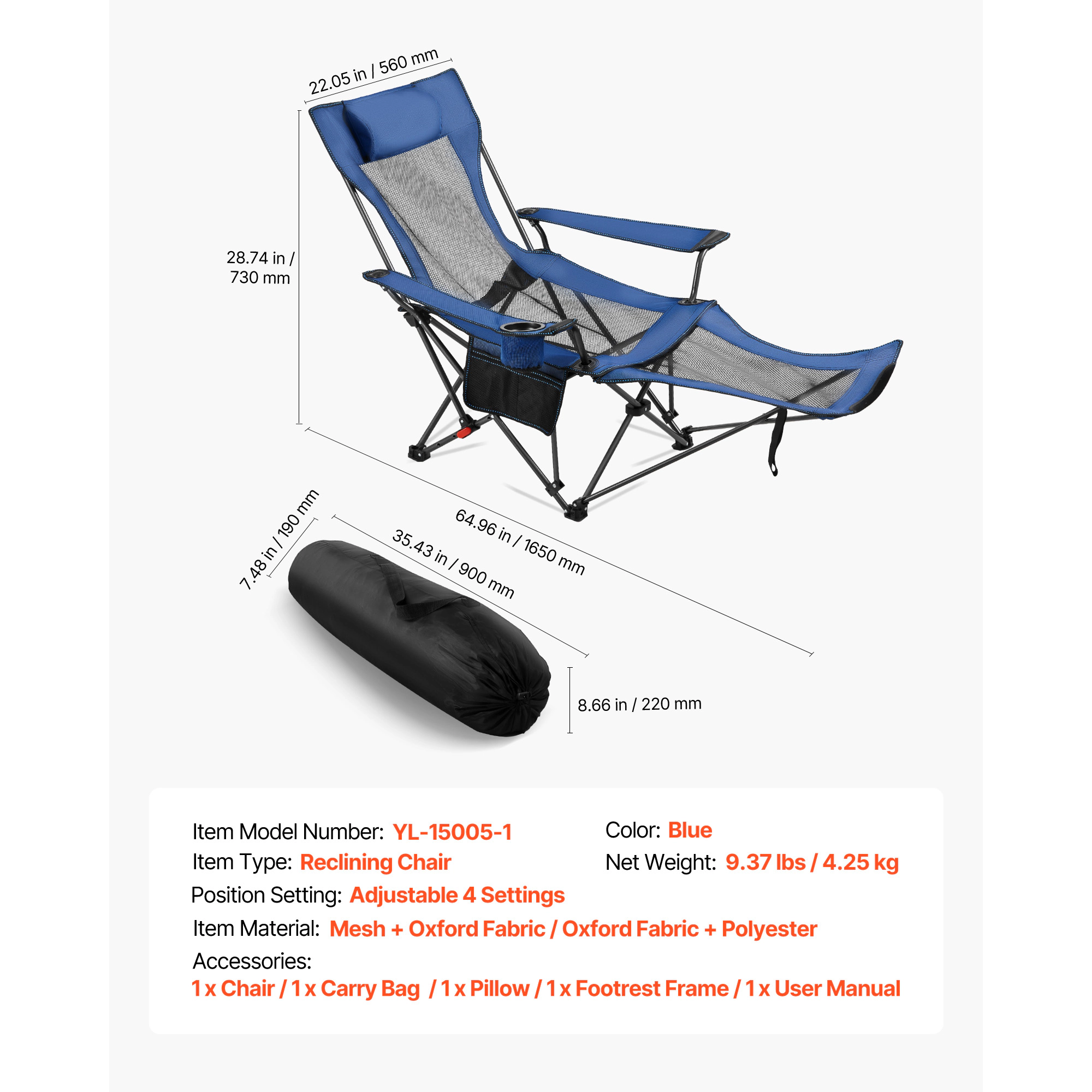 HONGGE Reclining Camping Chair 4 Adjustable Positions Portable Folding Lounger for Adults Mesh Beach with