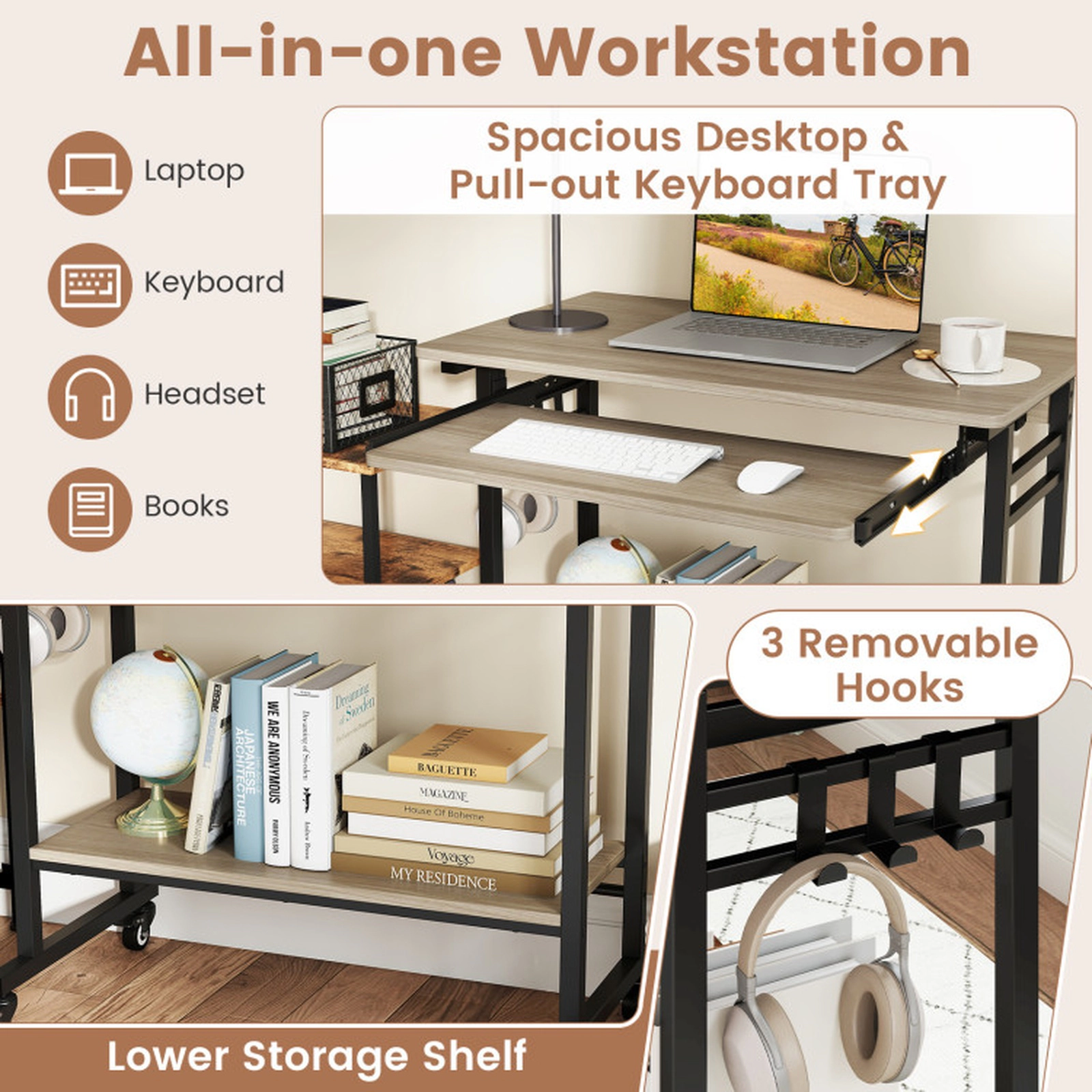 SUGIFT Pull-Out Keyboard Tray Bottom Shelf Rolling Laptop Computer Desk 31.5-in x 19.5-in x 31-in 160-lb Capacity Gray