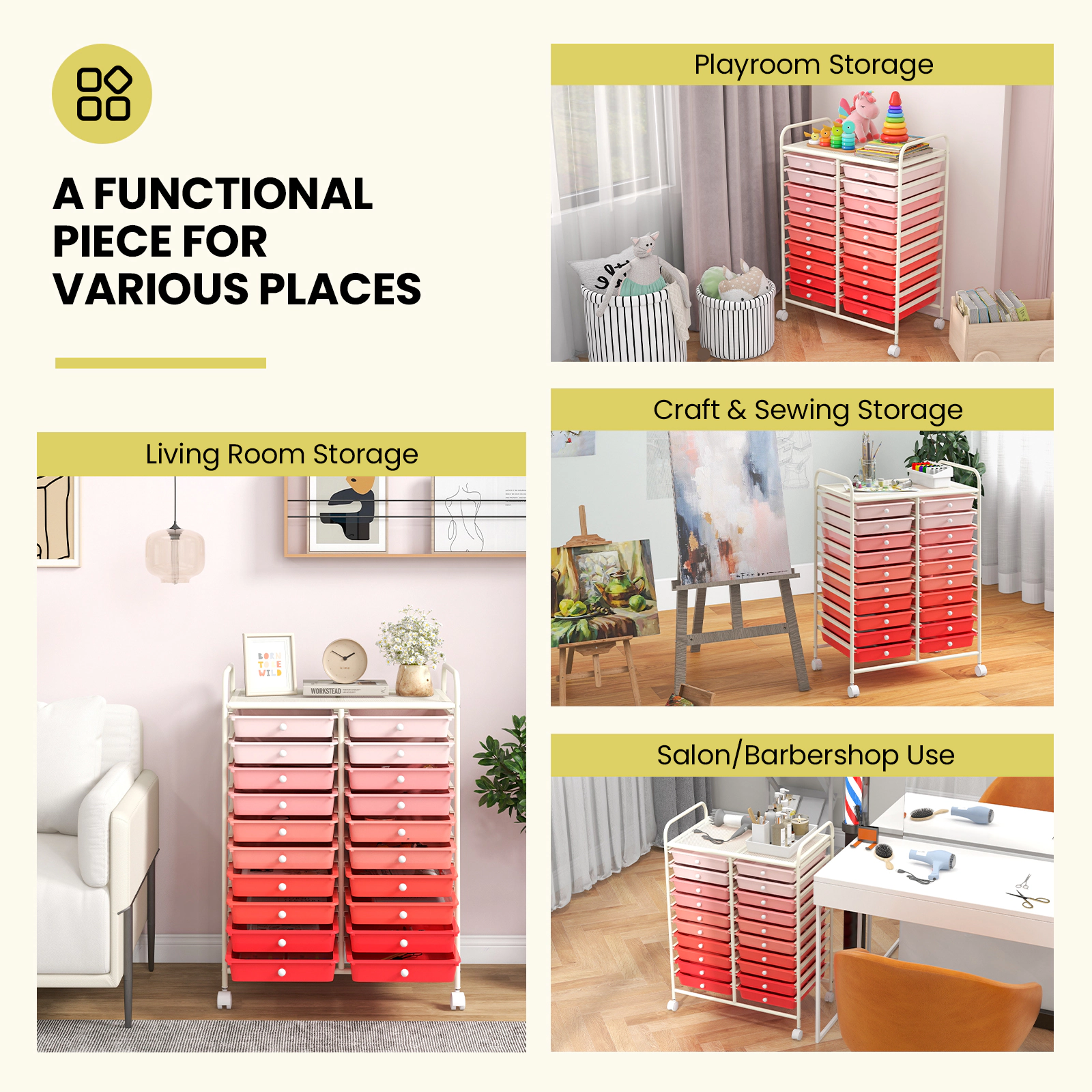 SUGIFT 20-Drawer Rolling Storage Cart Studio Organizer with Lockable Wheels