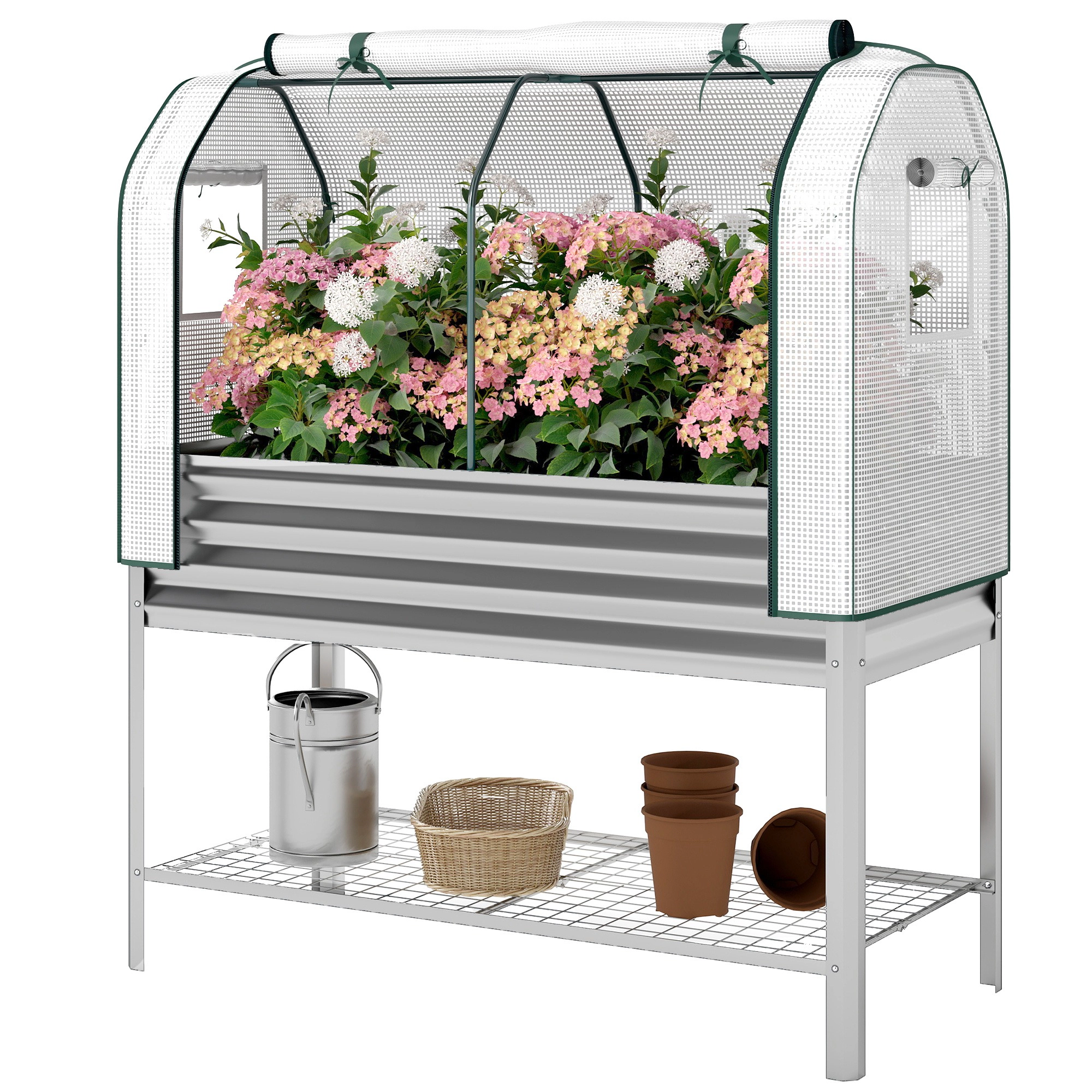 HONGGE Galvanised Raised Garden Bed with Greenhouse Cover, Metal Elevated Garden Bed with Bed Liner, Bottom Shelf