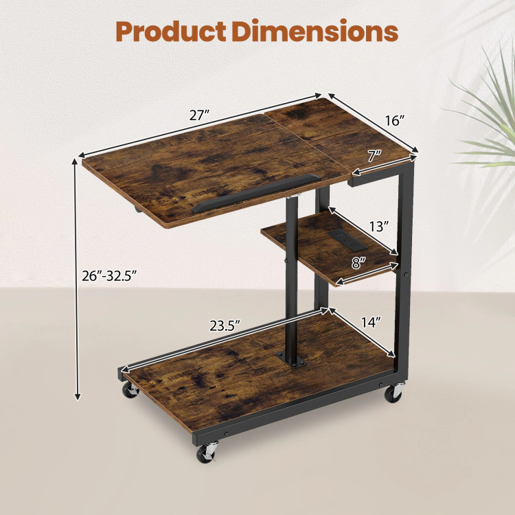 Hivvago 3-Tier Mobile Couch Side Table With Tiltable Tabletop