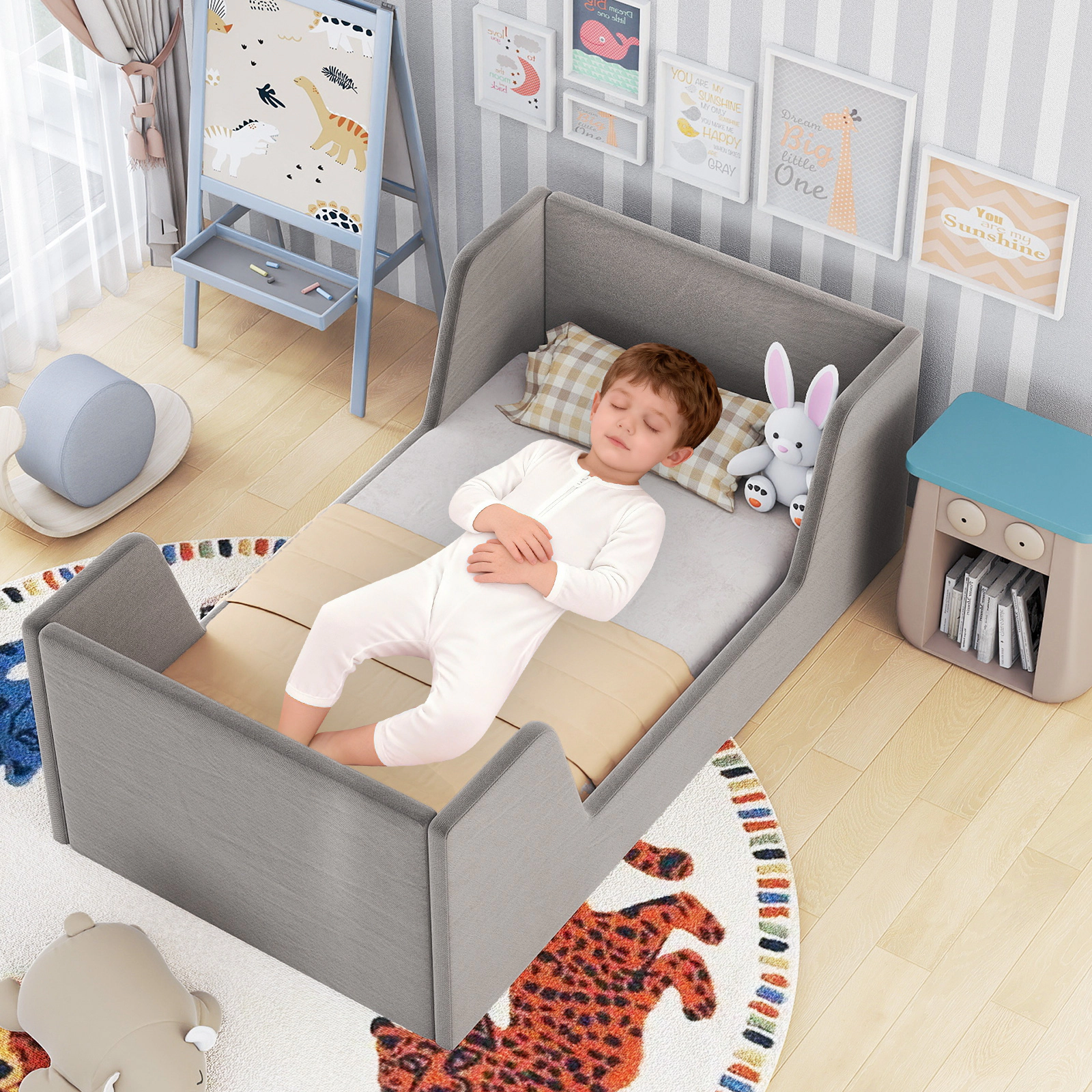 SUGIFT Gray Velvet Upholstered Toddler Bed Frame, Low Platform Bed, 55.5 x 31 x 19.5 in