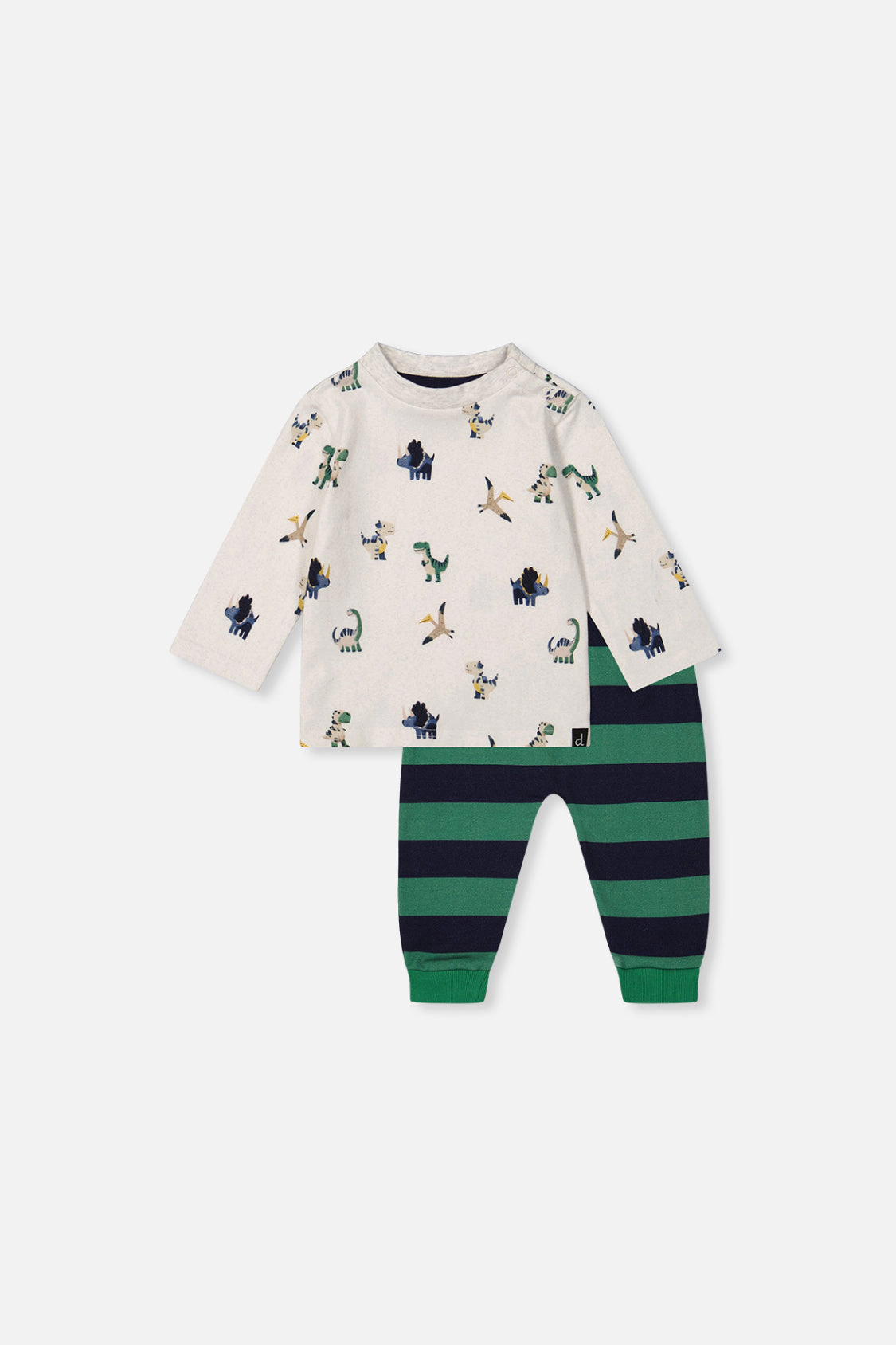 Deux par Deux Boys Cotton Long Sleeve Dinosaur Print T-Shirt and Striped Fleece Pants Set