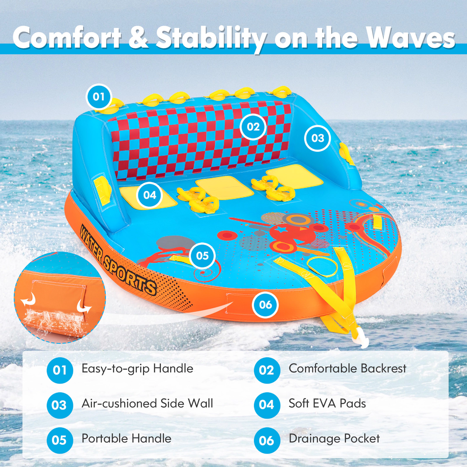 SUGIFT 3-Rider 661-lb Capacity 900D Nylon Sofa Towable Tube with 56-in Seat Backrest and Dual Tow Points