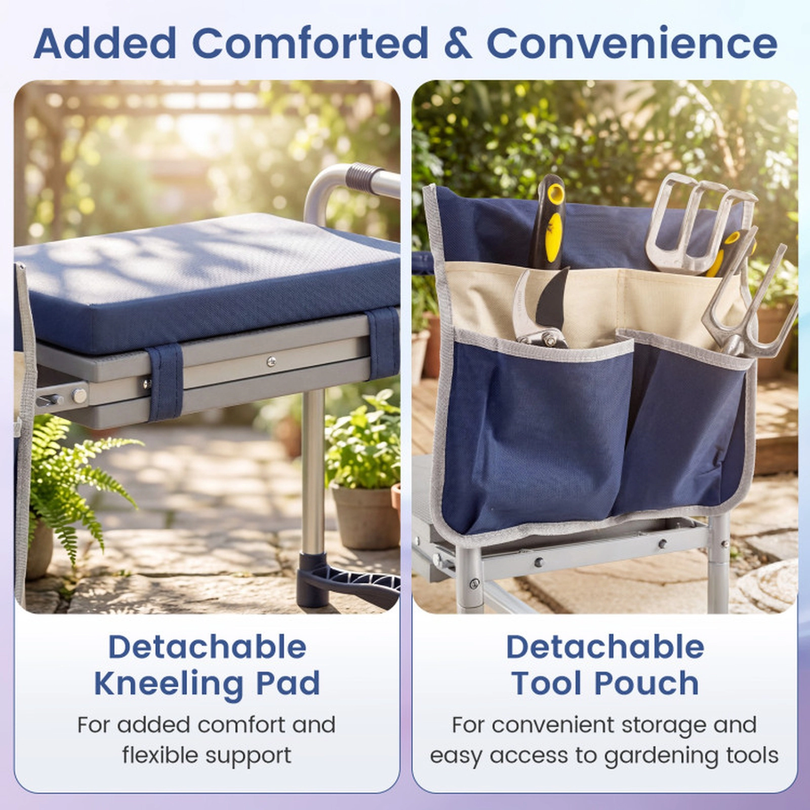 SUGIFT Foldable 2-in-1 Garden Kneeler and Seat Wide EVA Foam Pad Tool Pouch 350-lb Capacity 21 x 12 x 17-in Navy