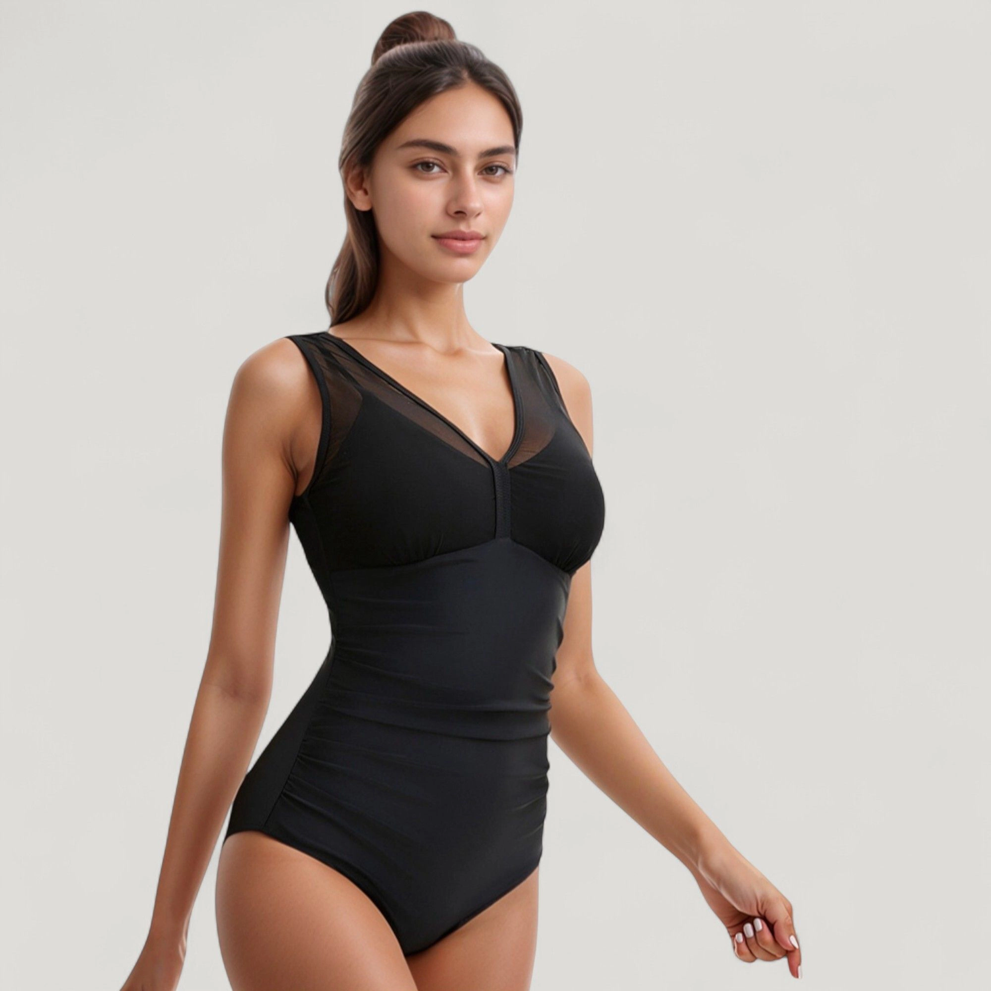 Anna-Kaci Women Mesh Insert V-Neck One Piece Swimsuit, Ruched Waist, Wide Shoulder Straps