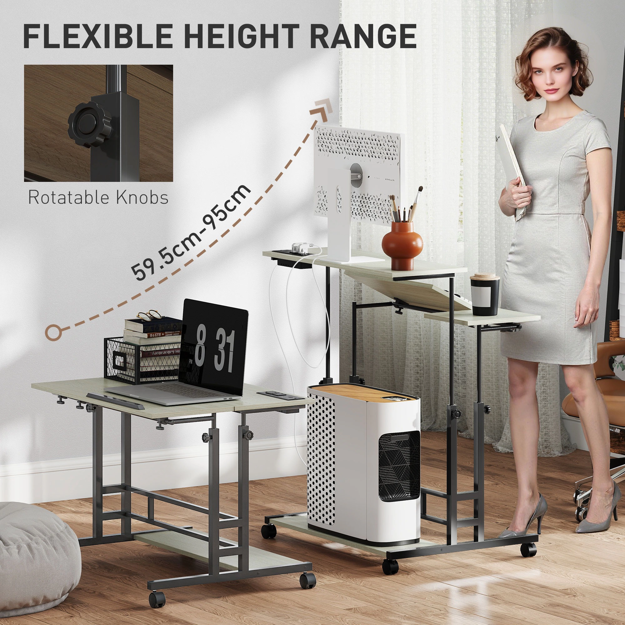 HONGGE Adjustable Standing Desk with Power Outlets, Stand Up Desk with Tiltable Tabletop, Wheels, Shelf, for Home Office