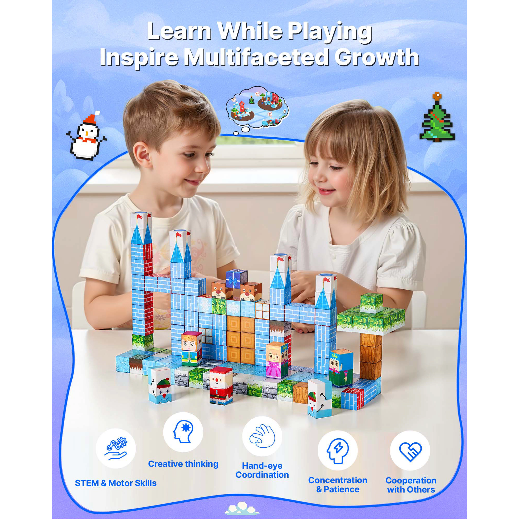 HONGGE Magnetic Blocks, Magnetic Building Cubes for Kids, STEM Montessori Sensory Toys for Christmas Birthday Gift