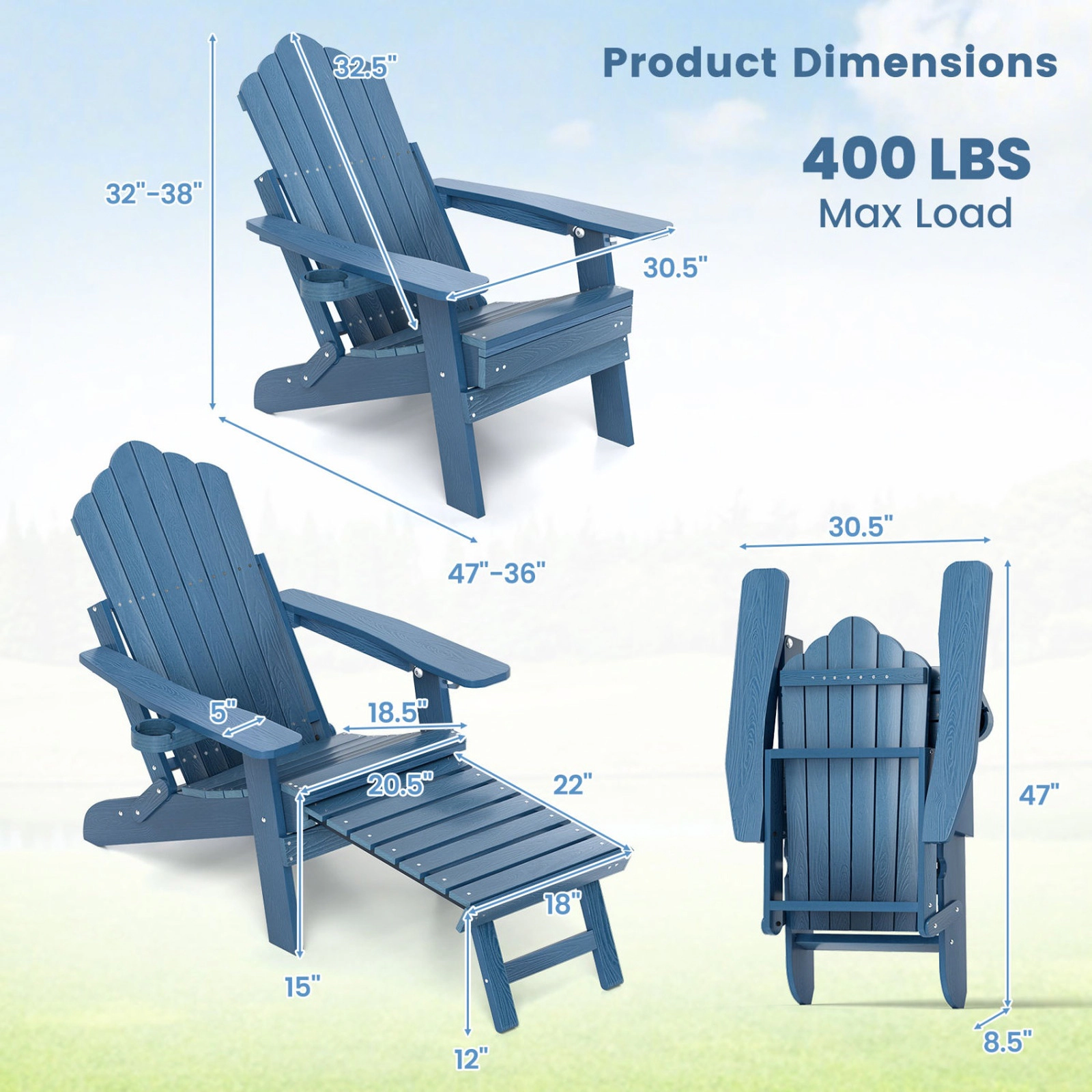 SUGIFT Navy HIPS Folding Adirondack Chair with Retractable Footrest 47-in W 30.5-in D 400-lb Seat