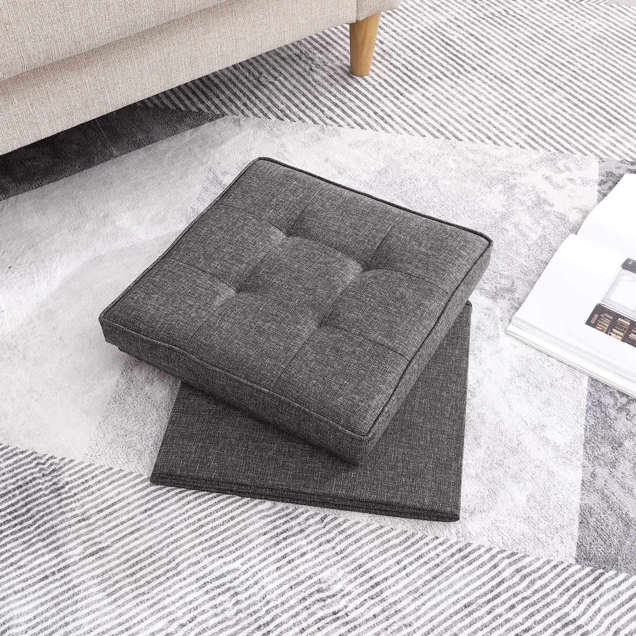 Ornavo Home Collapsible Tufted Linen Square Coffee Table Storage Ottoman