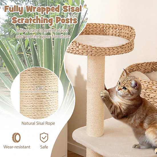 Glintex 41-Inch Woven Rattan Cat Tree with Raised Basket Bed and Sisal Posts