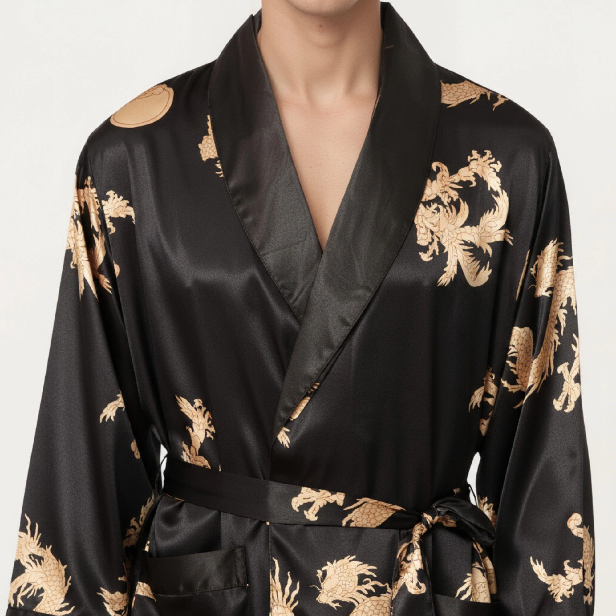 Anna-Kaci Men's 2-Piece Satin Dragon Print Robe and Lounge Pants with Shawl Collar Waist Tie