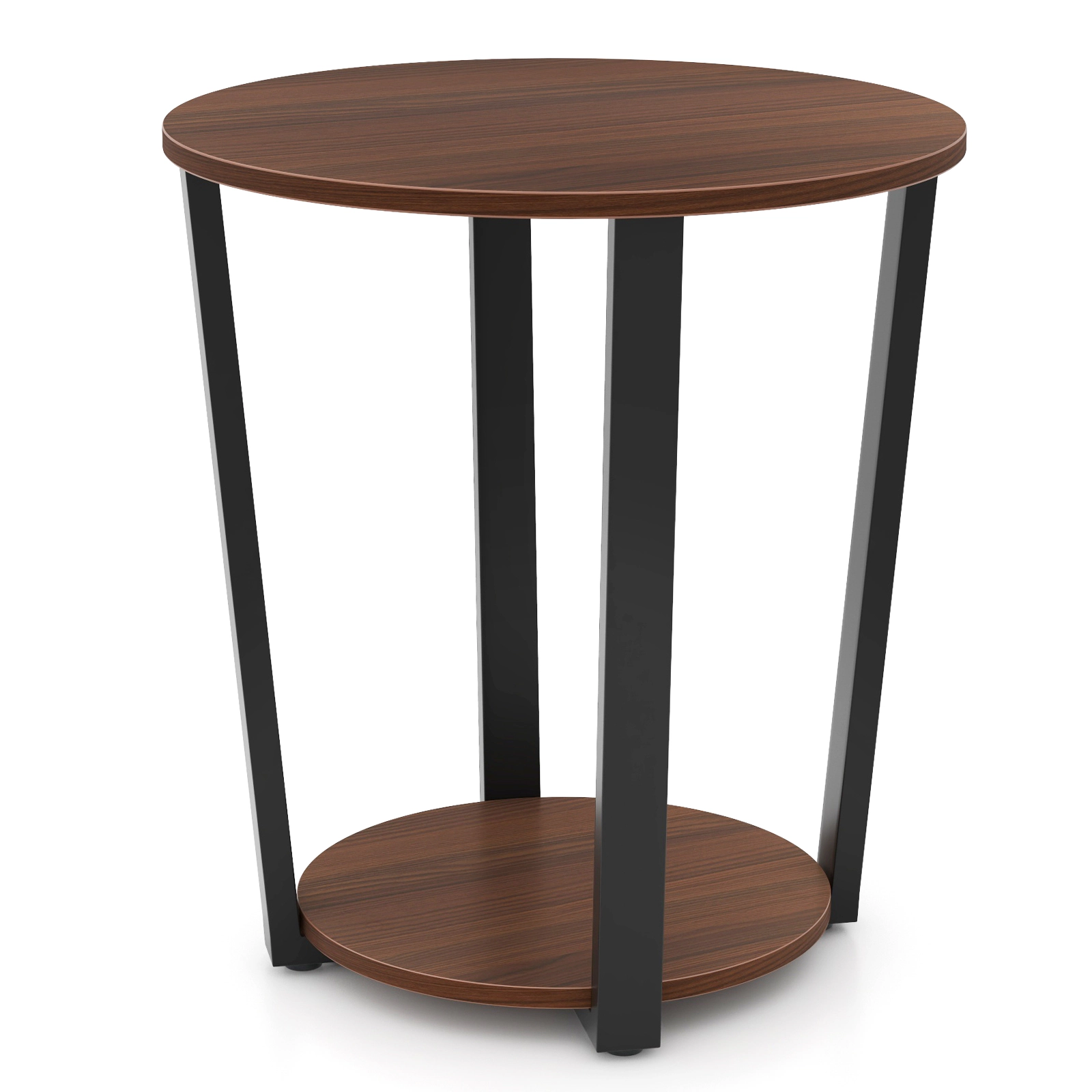 Hivvago Round End Table With Open Shelf And Metal Frame-Walnut